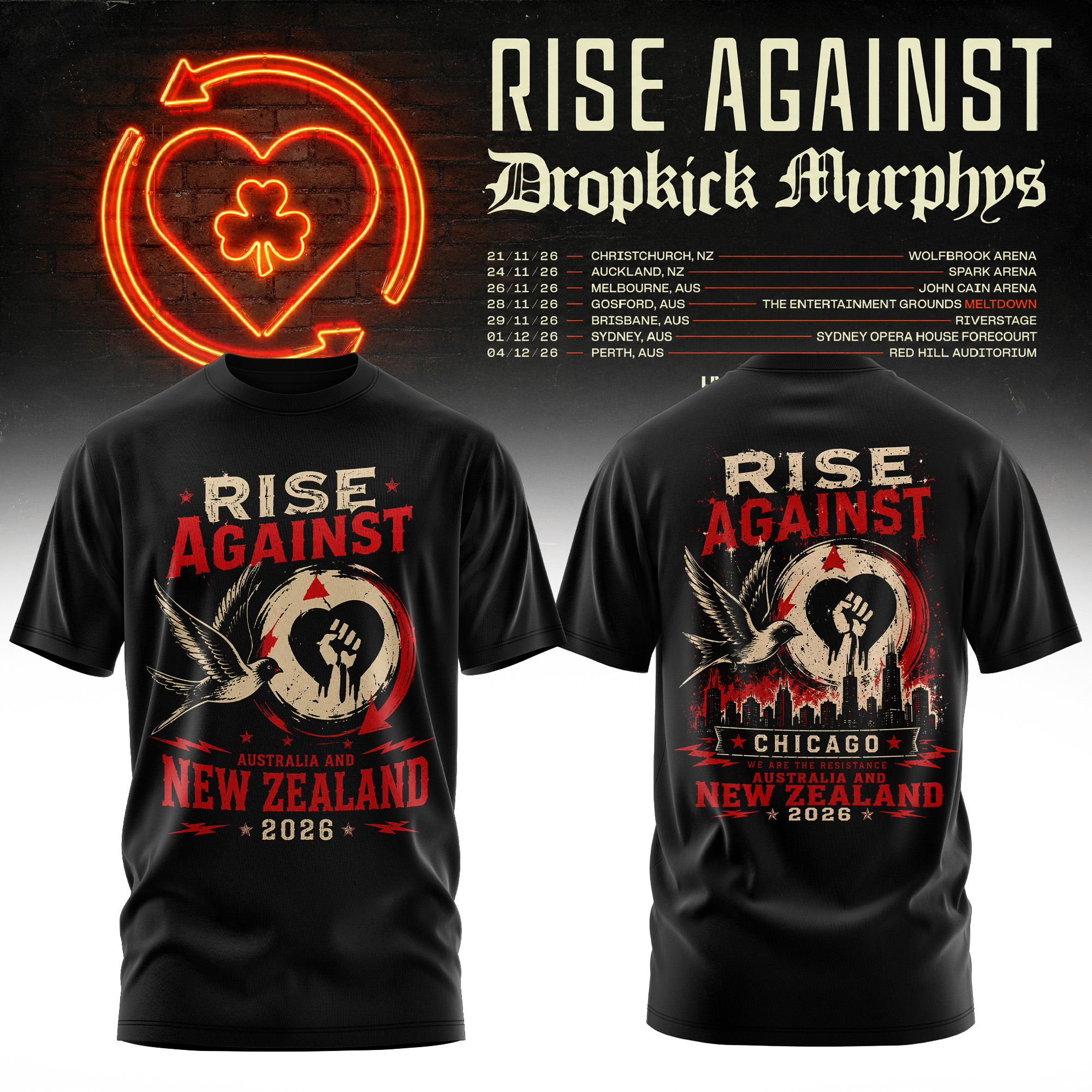 Rise Against x Dropkick Murphys AUNZ Tour 2026 Official Merchandise Shirt