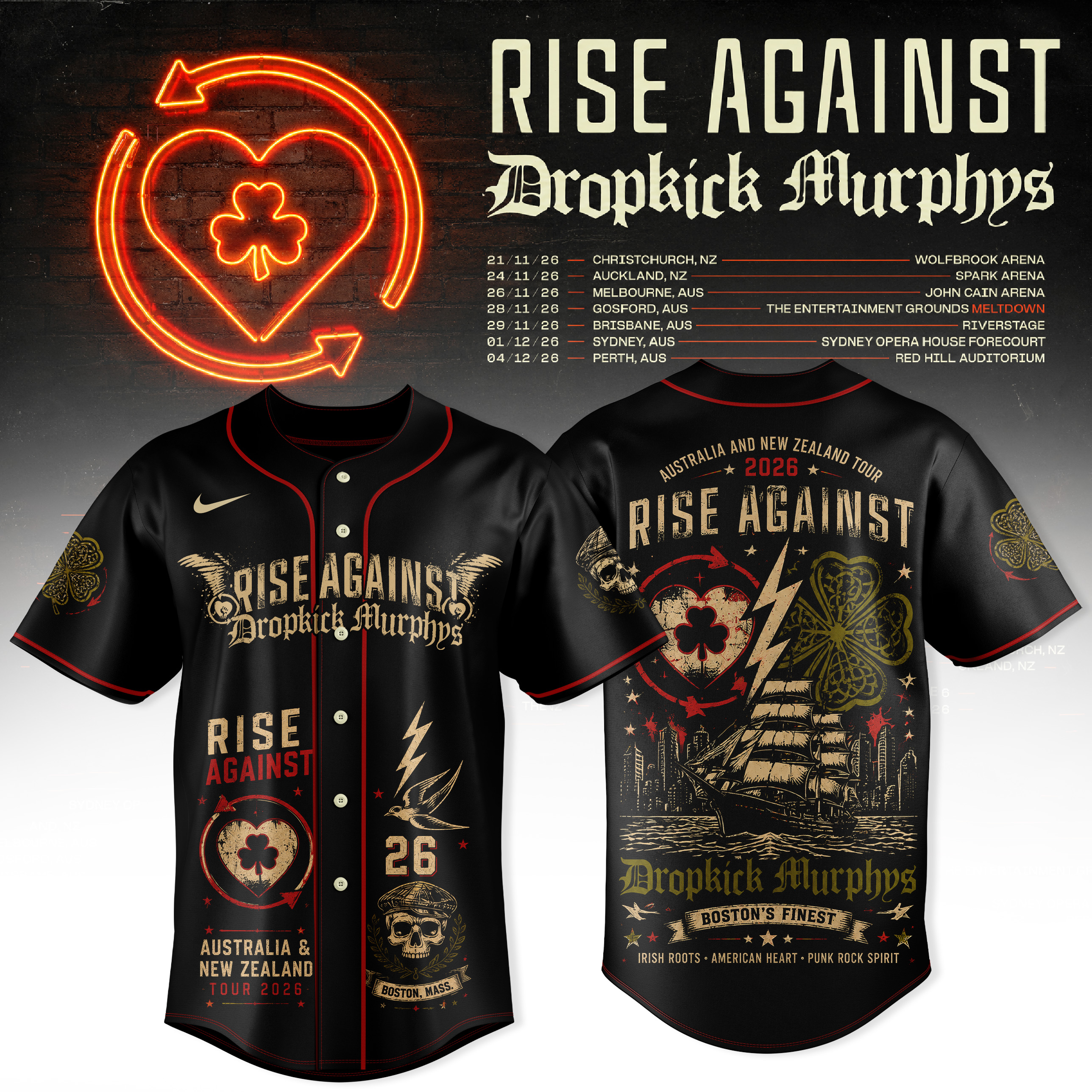 Rise Against x Dropkick Murphys AUNZ Tour 2026 Premium Baseball Jersey