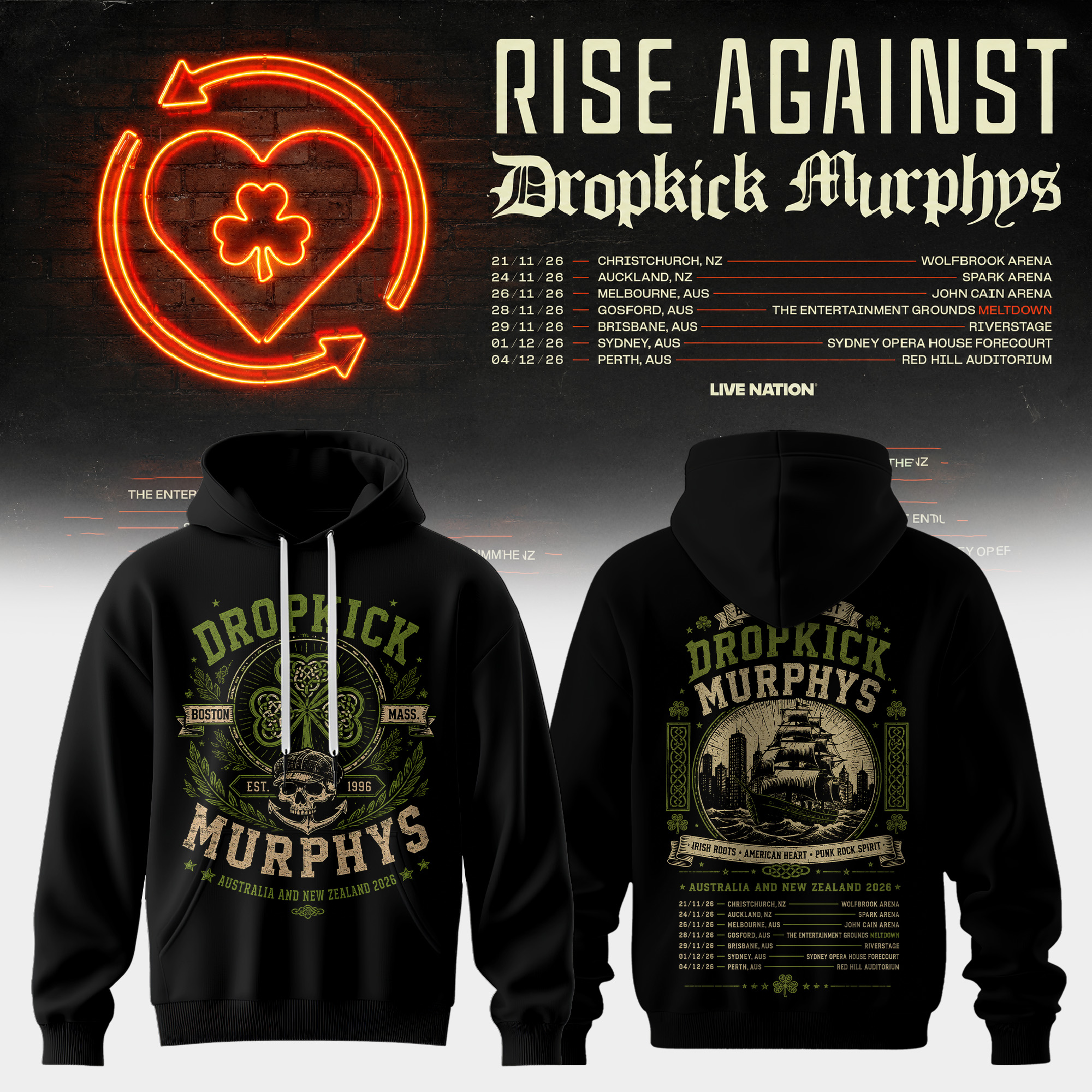 Rise Against x Dropkick Murphys AUNZ Tour 2026 Premium Concert Hoodie