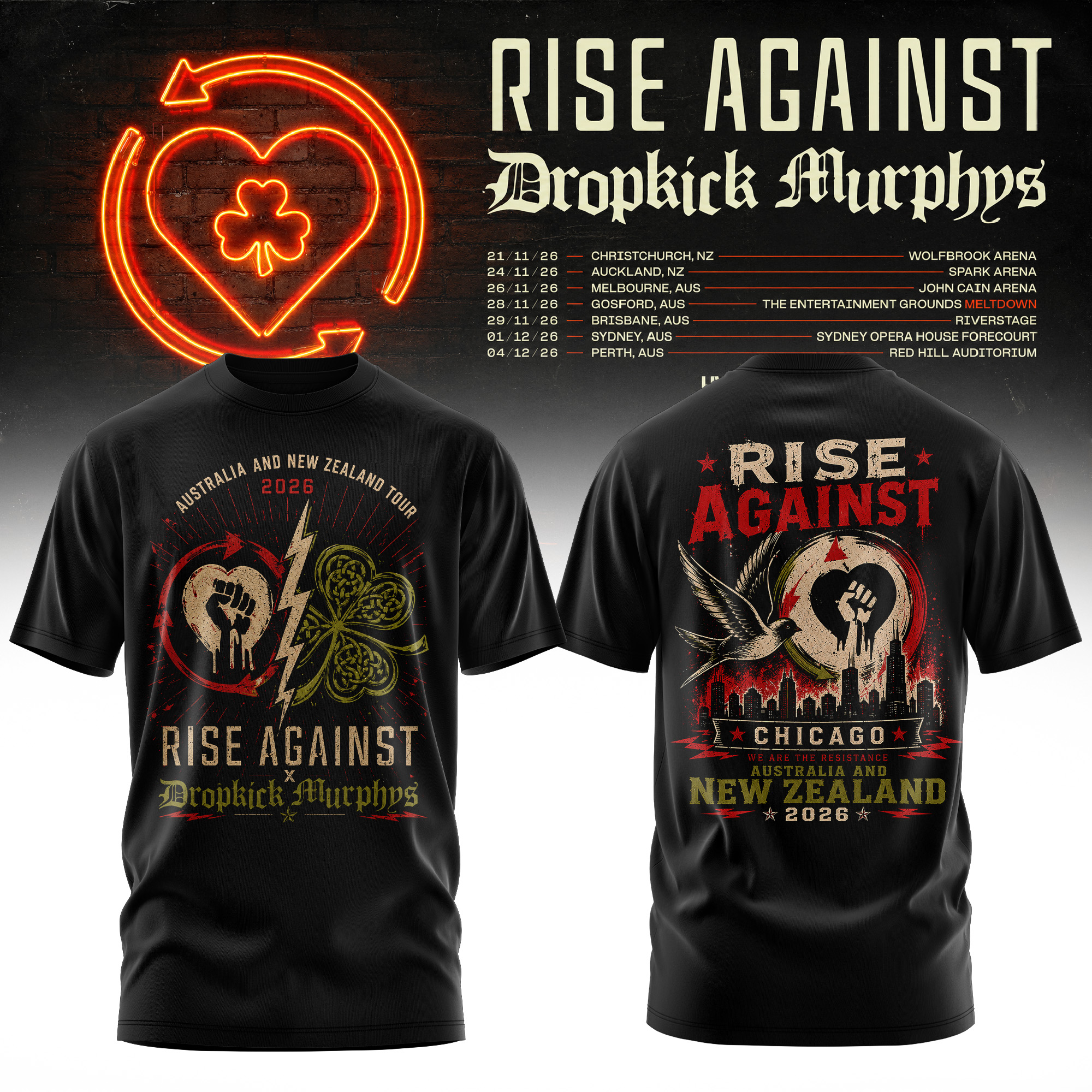 Rise Against x Dropkick Murphys AUNZ Tour 2026 Premium Concert T Shirt