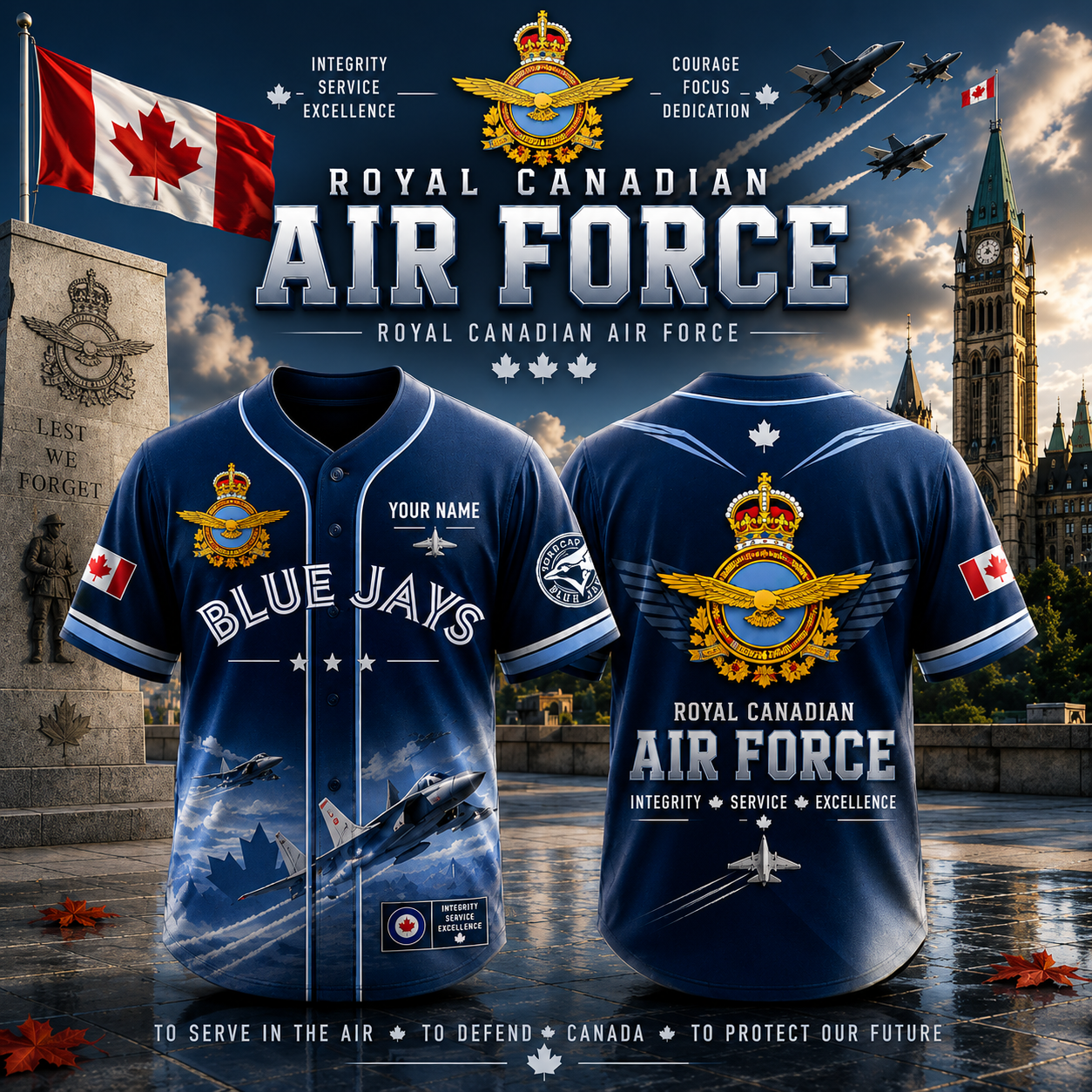 Royal Canadian Air Force Blue Jays Custom Name Baseball Jersey, RCAF Air Force Military Aviation Fan Jersey