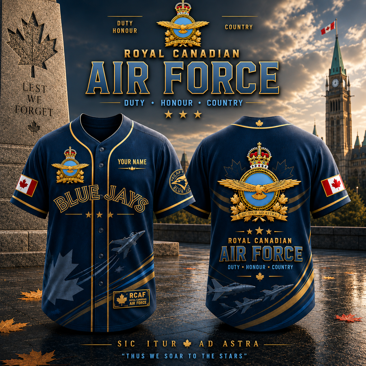 Royal Canadian Air Force Blue Jays Custom Name Baseball Jersey RCAF Military Aviation Fan Jersey, Front and Back Gift for Canada Supporters