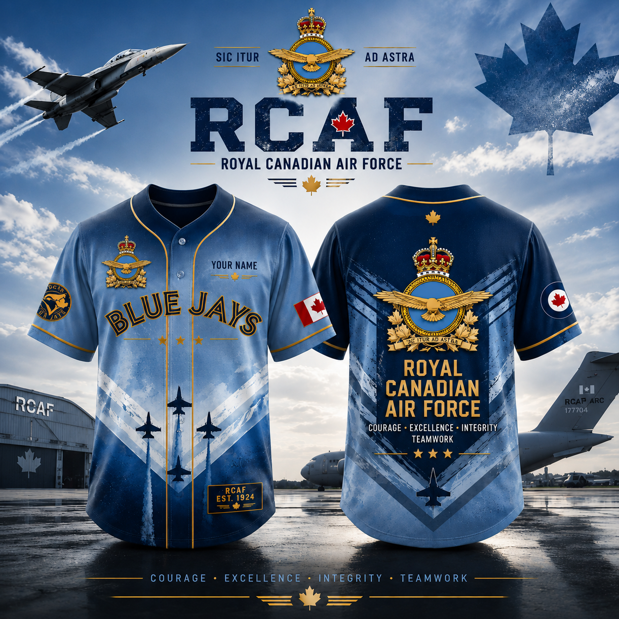 Royal Canadian Air Force RCAF Blue Jays Custom Name Baseball Jersey Canadian Military Aviation Fan Gift, Front and Back Edition