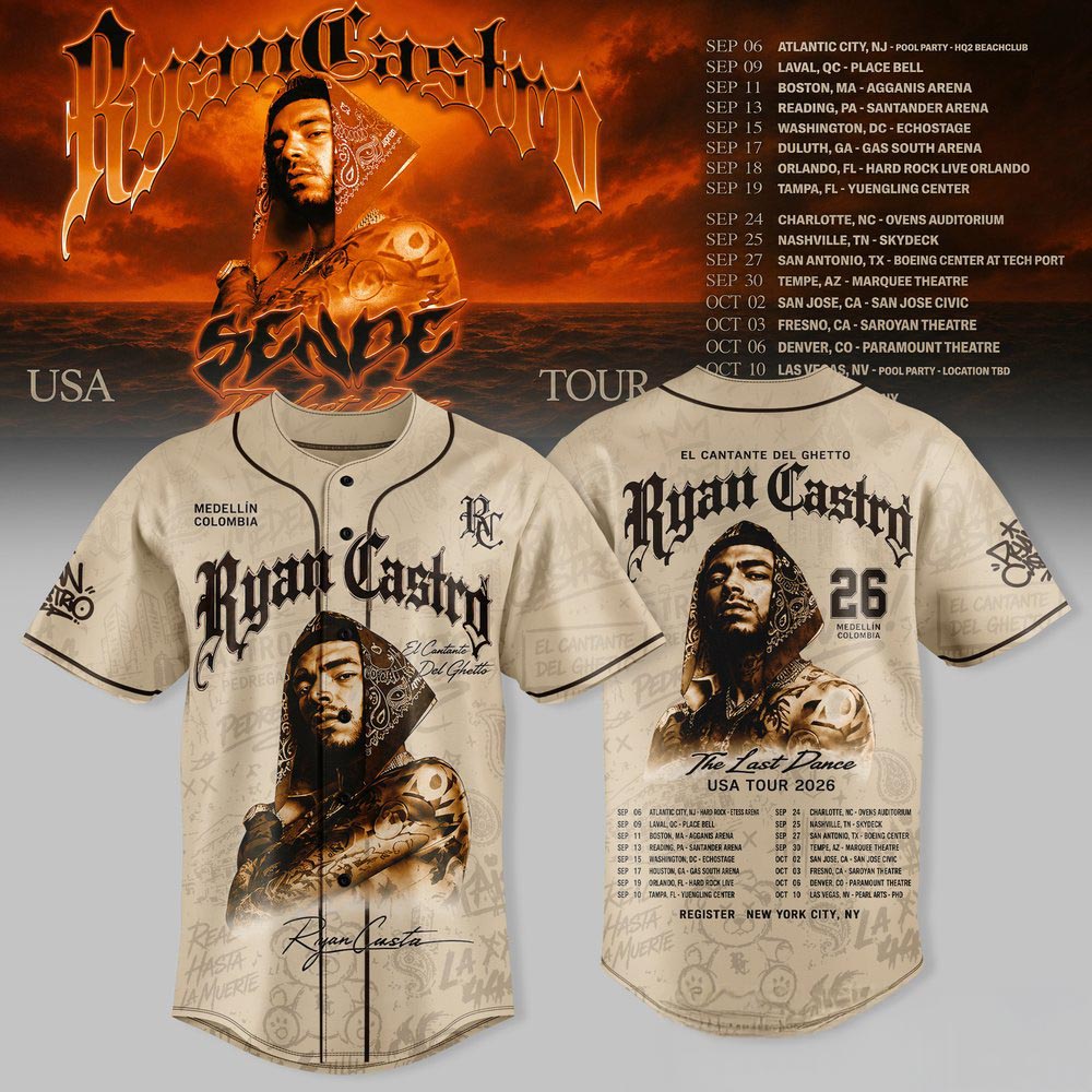 Ryan Castro 2026 The Last Dance USA Tour Baseball Jersey Latin Urban Music Fan Streetwear 1 - Unicasport Ryan Castro 2026 The Last Dance USA Tour Baseball Jersey Latin Urban Music Fan Streetwear