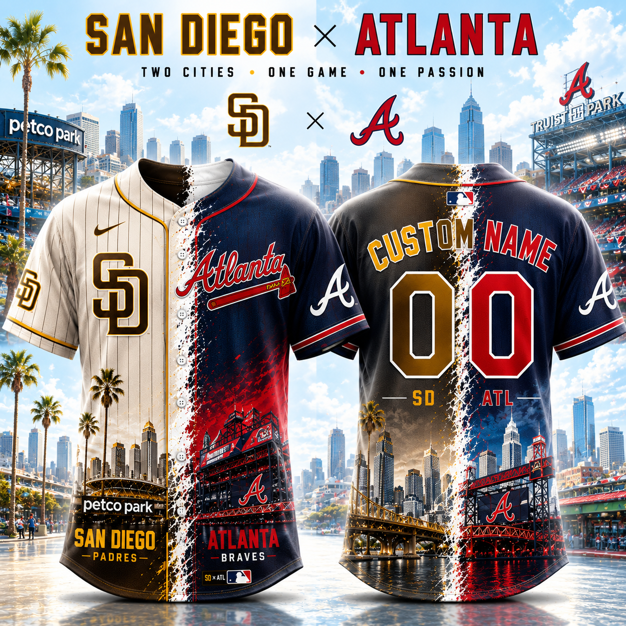 San Diego Padres x Atlanta Braves Custom Name Number Baseball Jersey For Fans