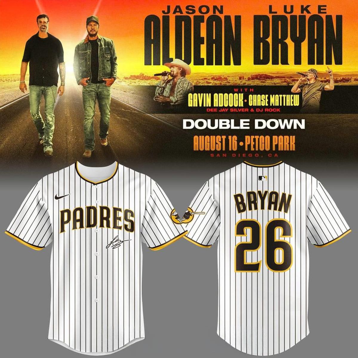 San Diego Padres x Luke Bryan 2026 Double Down Tour Personalized Baseball Jersey Country Music MLB Fan Custom Apparel 1 - Unicasport San Diego Padres x Luke Bryan 2026 Double Down Tour Personalized Baseball Jersey Country Music MLB Fan Custom Apparel