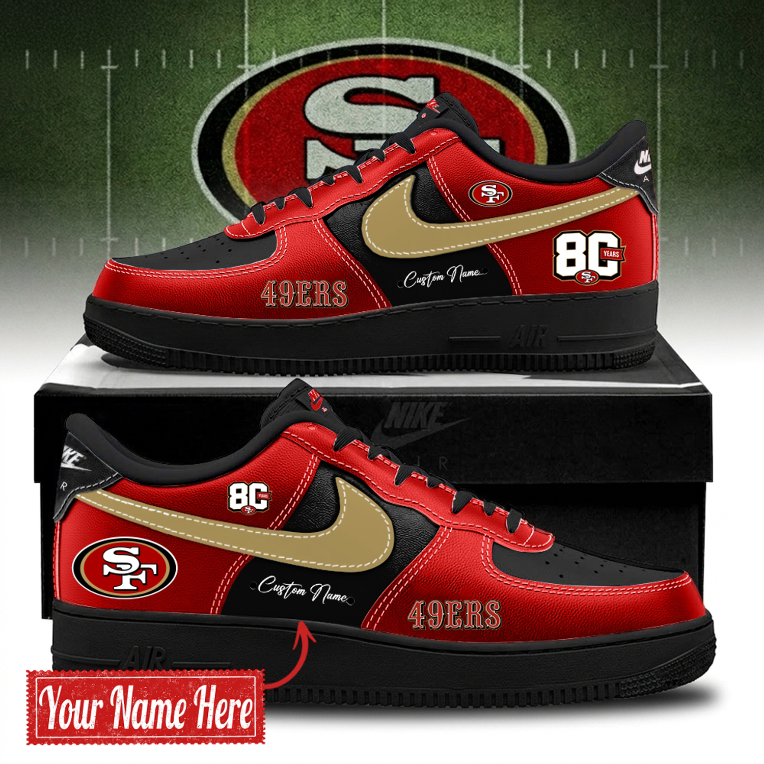 San Francisco 49ers 80th Anniversary Black & Red Air Force 1 Sneakers