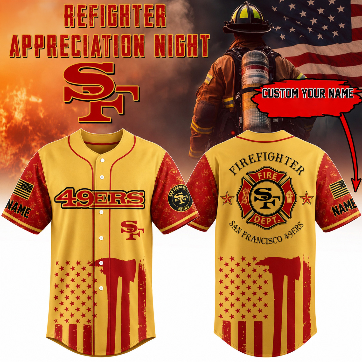 San Francisco 49ers x Firefighter Appreciation Night 2026 Special Edition 3D Baseball Jersey Football First Responder Tribute Apparel 2 - Unicasport San Francisco 49ers x Firefighter Appreciation Night 2026 Special Edition 3D Baseball Jersey Football First Responder Tribute Apparel