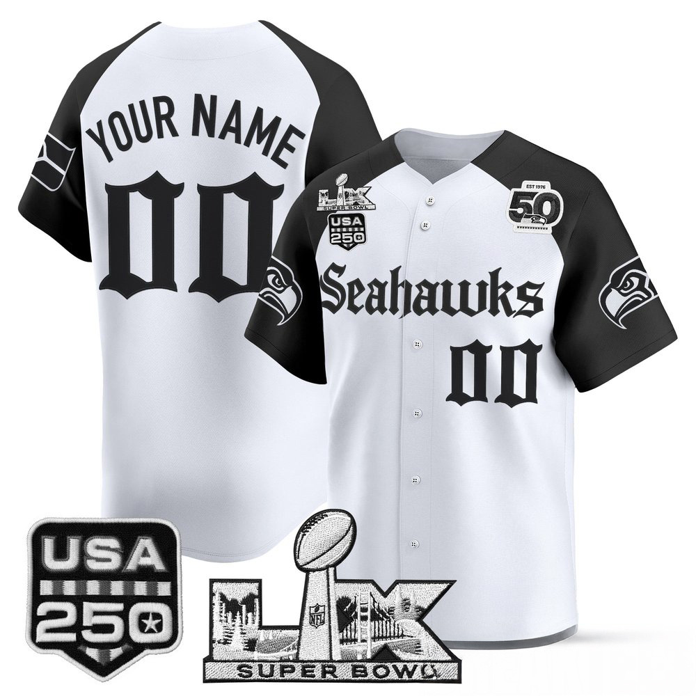 Seattle Seahawks Super Bowl LX 50th Patch Gothic Edition Custom Baseball Jersey Stitched Custom Design 1 - Unicasport Seattle Seahawks Super Bowl LX 50th Patch Gothic Edition Custom Baseball Jersey Stitched Custom Design