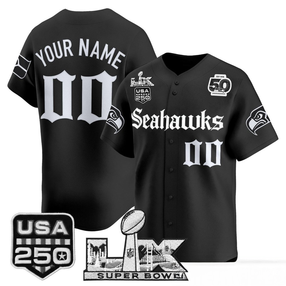 Seattle Seahawks Super Bowl LX 50th Patch Gothic Edition Custom Baseball Jersey Stitched Fanwear Collection 1 - Unicasport Seattle Seahawks Super Bowl LX 50th Patch Gothic Edition Custom Baseball Jersey Stitched Fanwear Collection