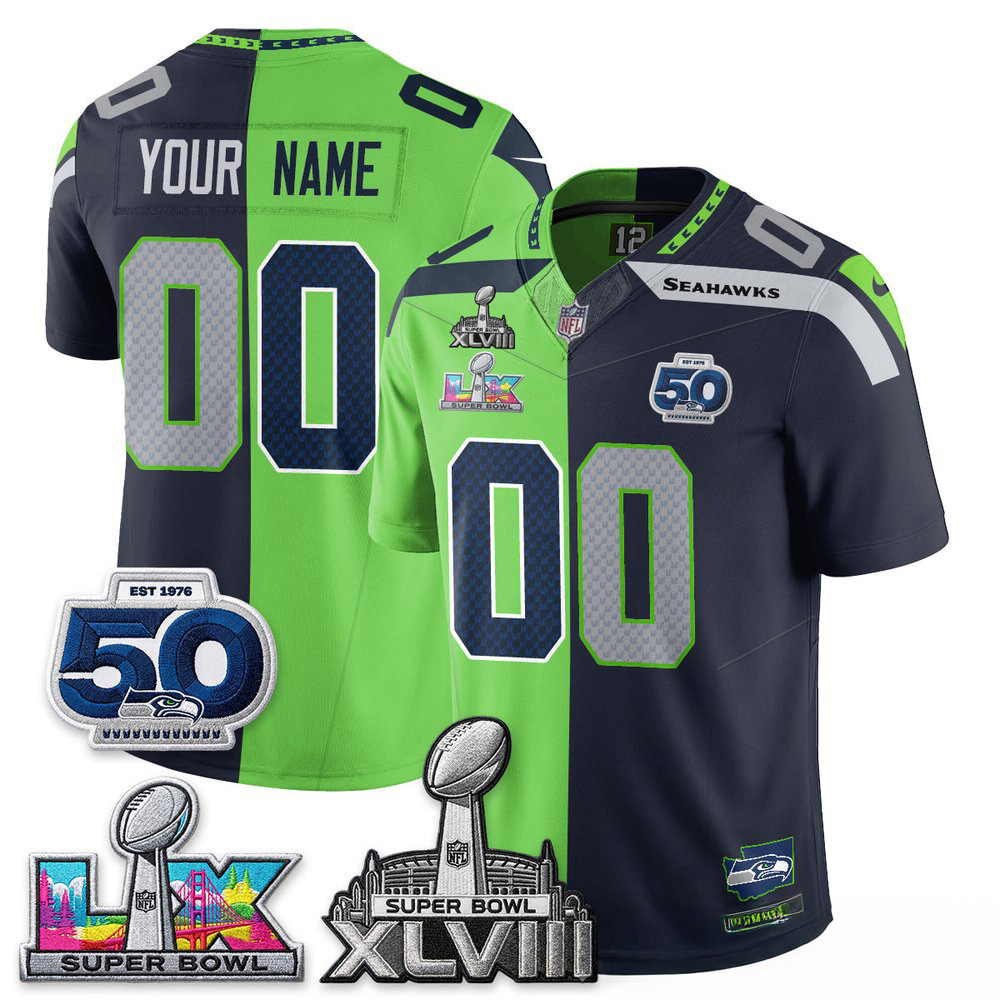 Seattle Seahawks Super Bowl LX Champs Split Edition Custom Jersey Stitched Custom Design 1 - Unicasport Seattle Seahawks Super Bowl LX Champs Split Edition Custom Jersey Stitched Custom Design