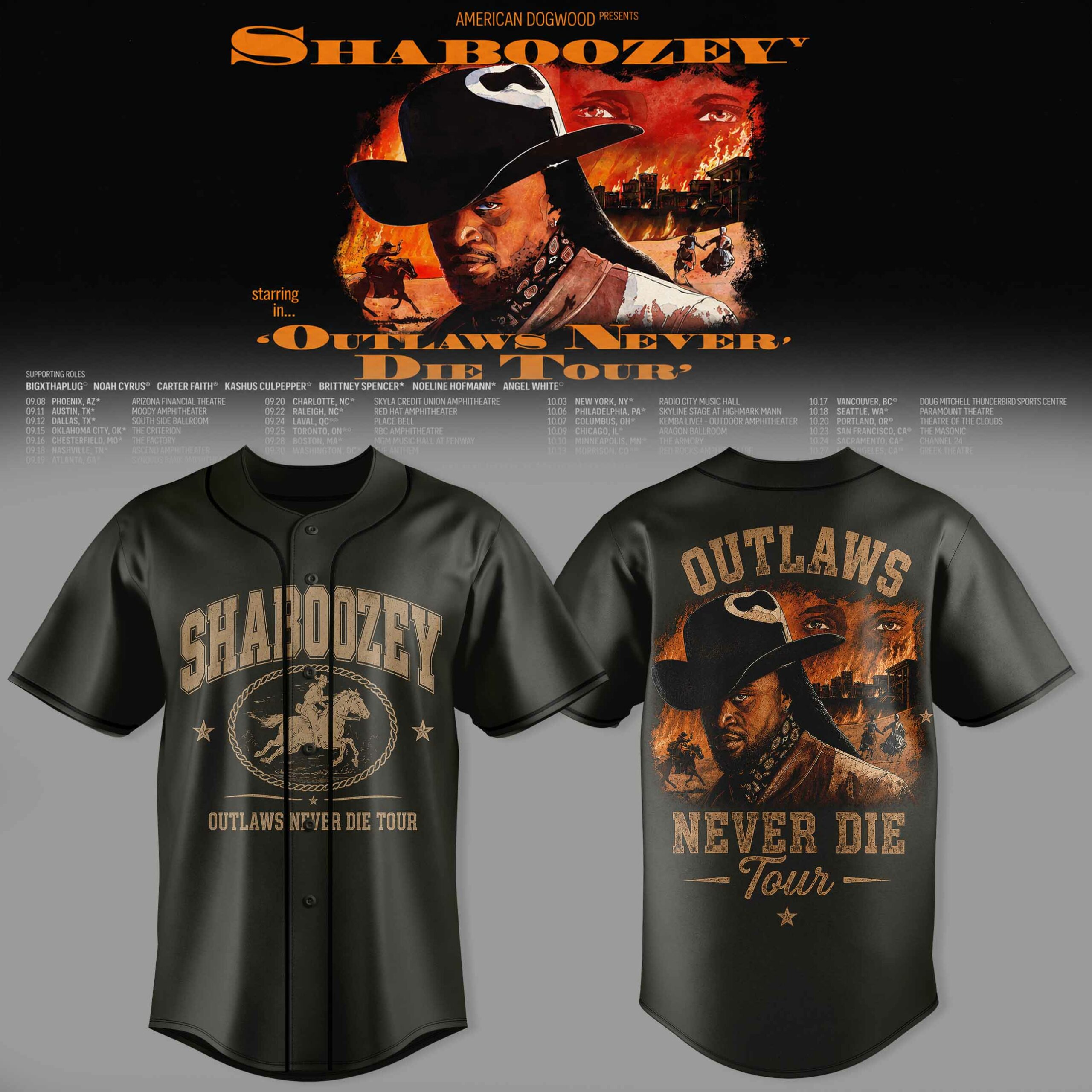 Shaboozey The Outlaws Never Die 2026 Tour Baseball Jersey 3D Printed Music Fan Streetwear 2 - Unicasport Shaboozey The Outlaws Never Die 2026 Tour Baseball Jersey 3D Printed Music Fan Streetwear