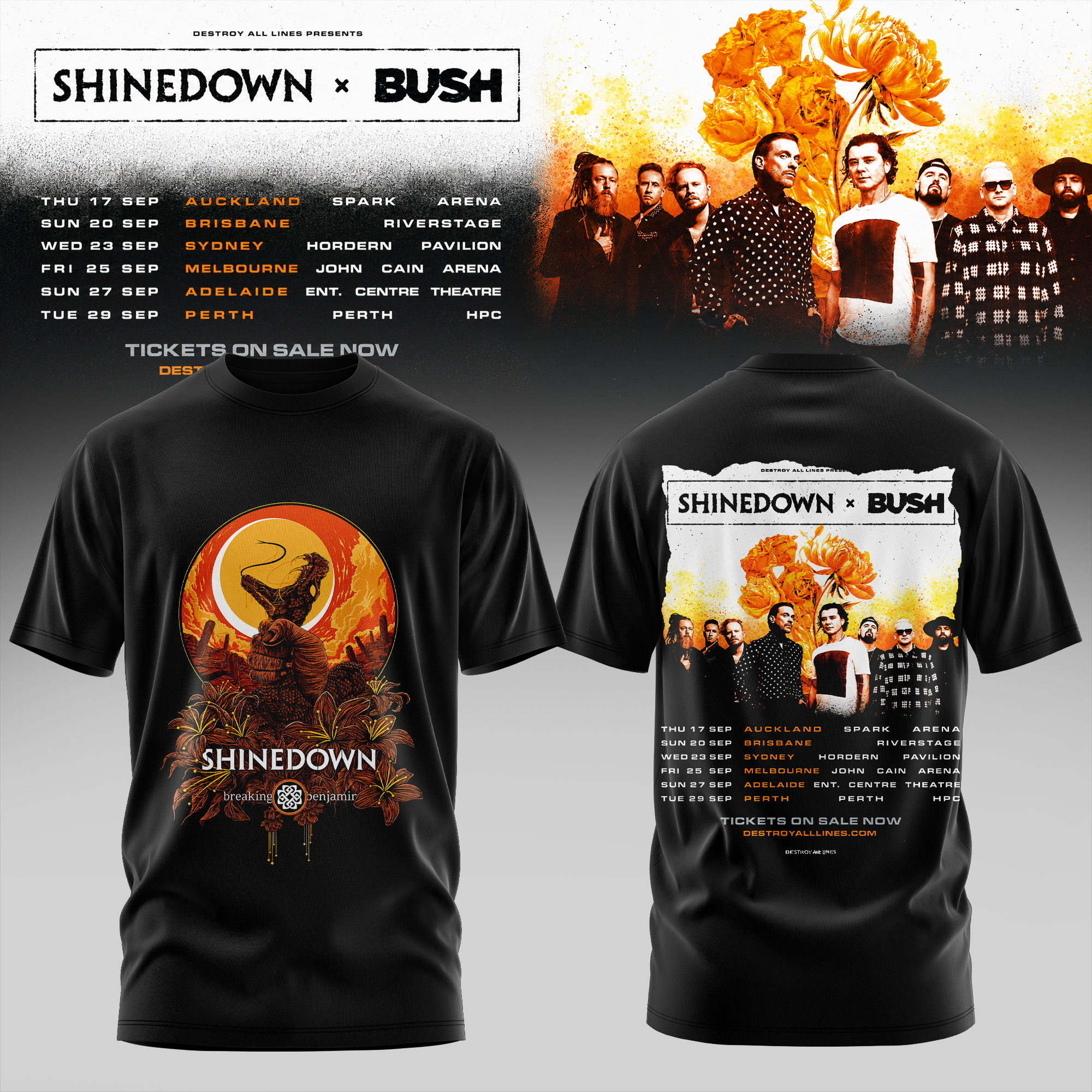Shinedown x Bush Australia Tour Collection Signature Rock Band Graphic Tee