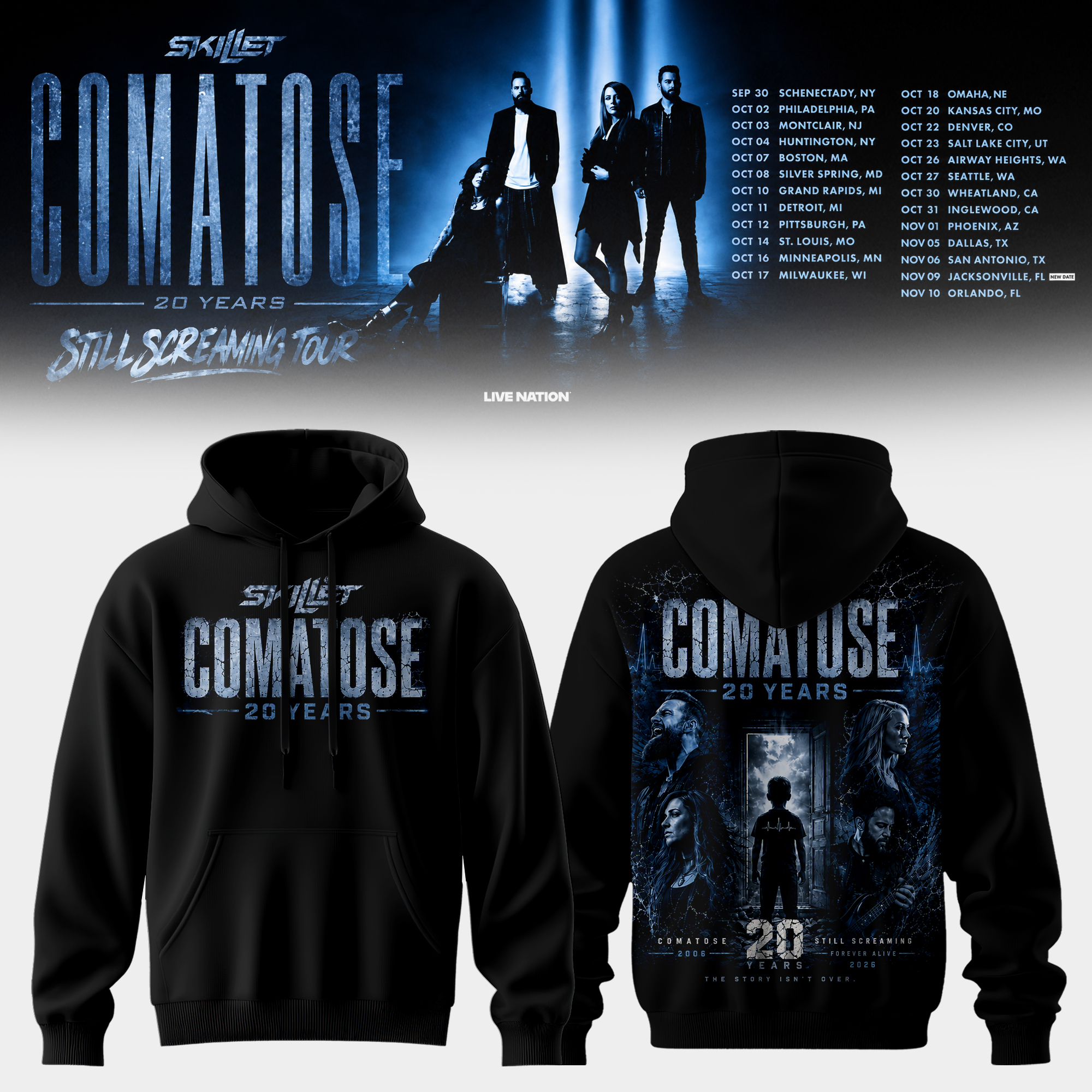 Skillet Comatose 20 Years Still Screaming Tour Signature Fan Pullover Hoodie