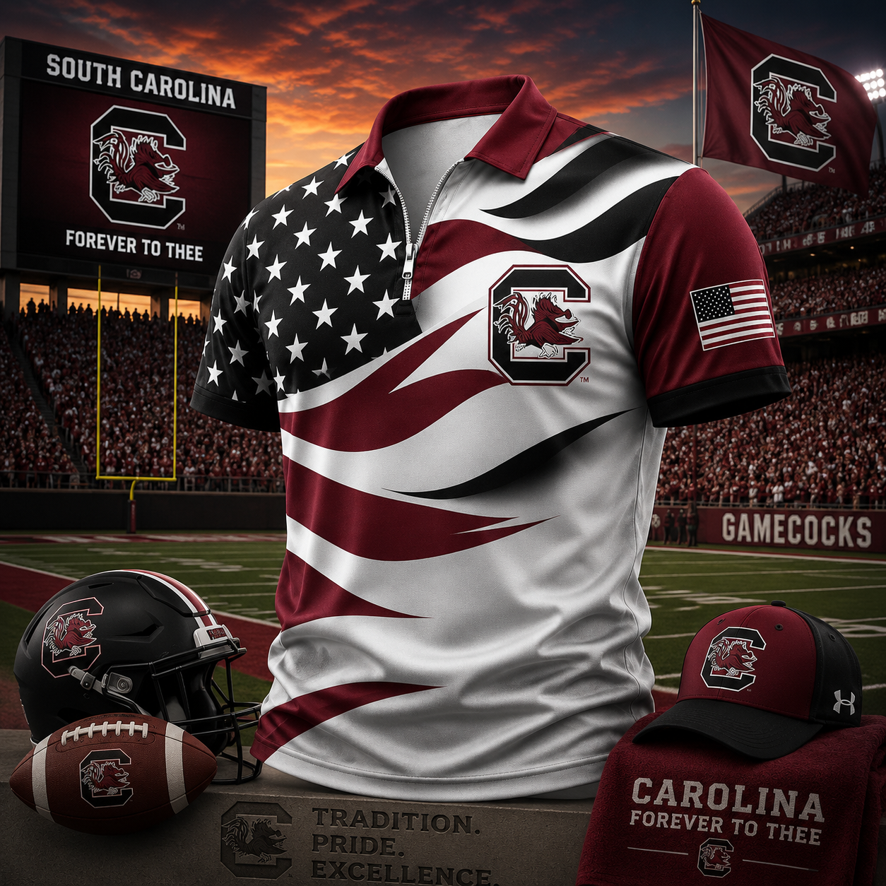 South Carolina Gamecocks American Flag Style Football Polo Shirt College Spirit Gear