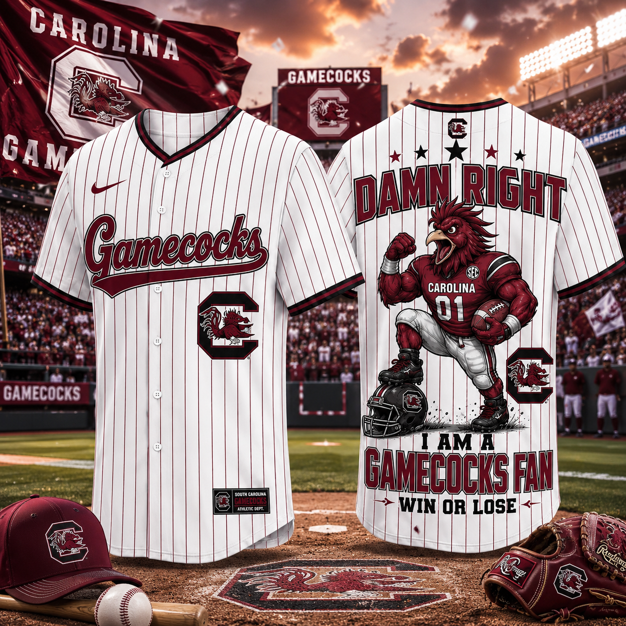 South Carolina Gamecocks Baseball Jersey Damn Right I Am A Gamecocks Fan Win Or Lose NCAA South Carolina Gamecocks College Baseball Jersey Gift for Men Women