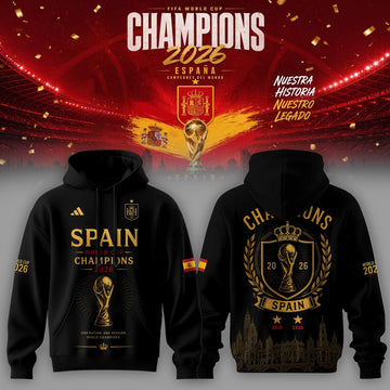 Spain World Cup 2026 Champions Black Hoodie Gold Trophy Football Fan Apparel