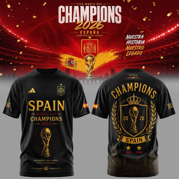 Spain World Cup 2026 Champions Black T Shirt Gold Graphic Football Supporter Apparel