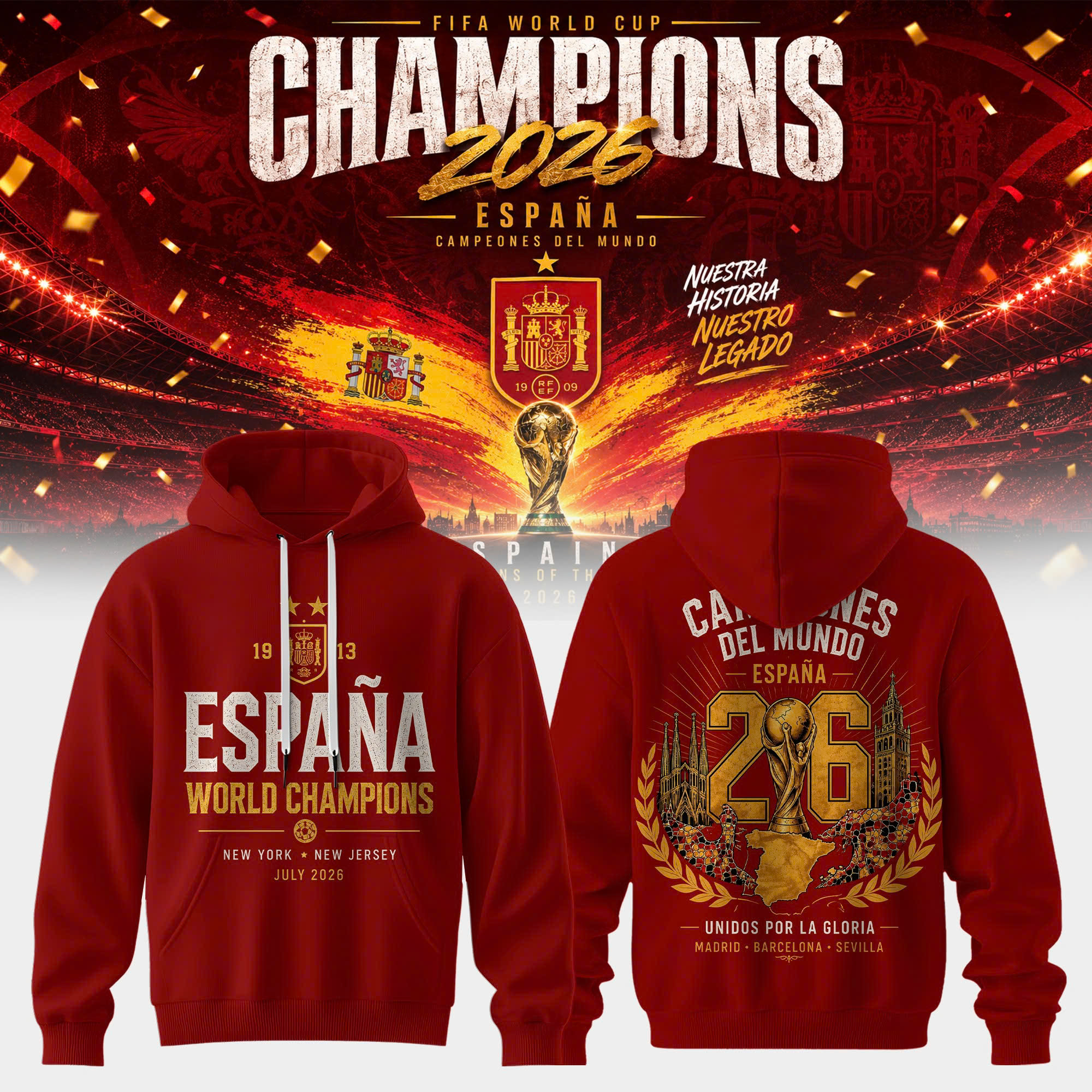 Spain World Cup Champions 2026 Supporter Fan Hoodie