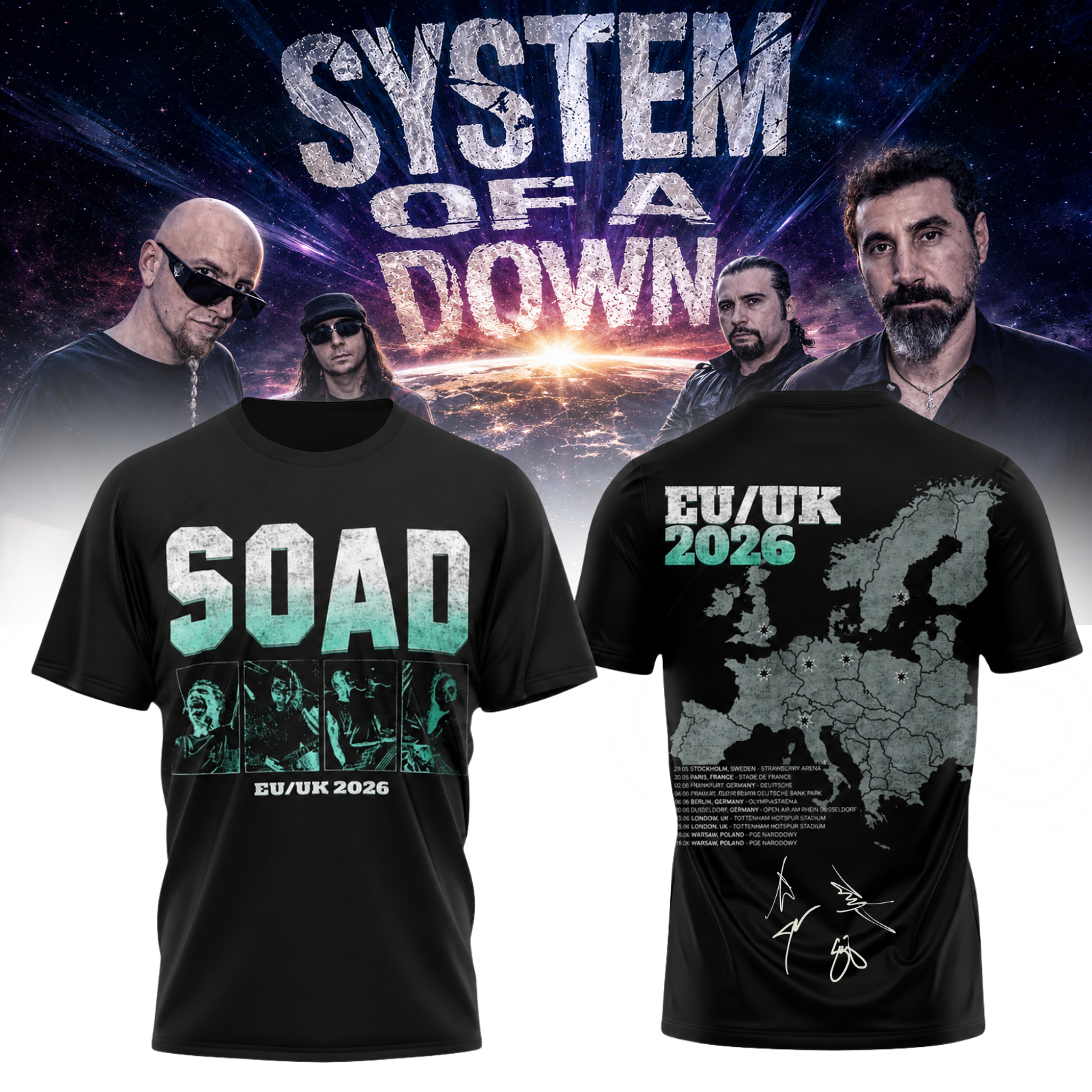 System Of A Down Europe UK Stadium Tour 2026 Official Graphic T Shirt