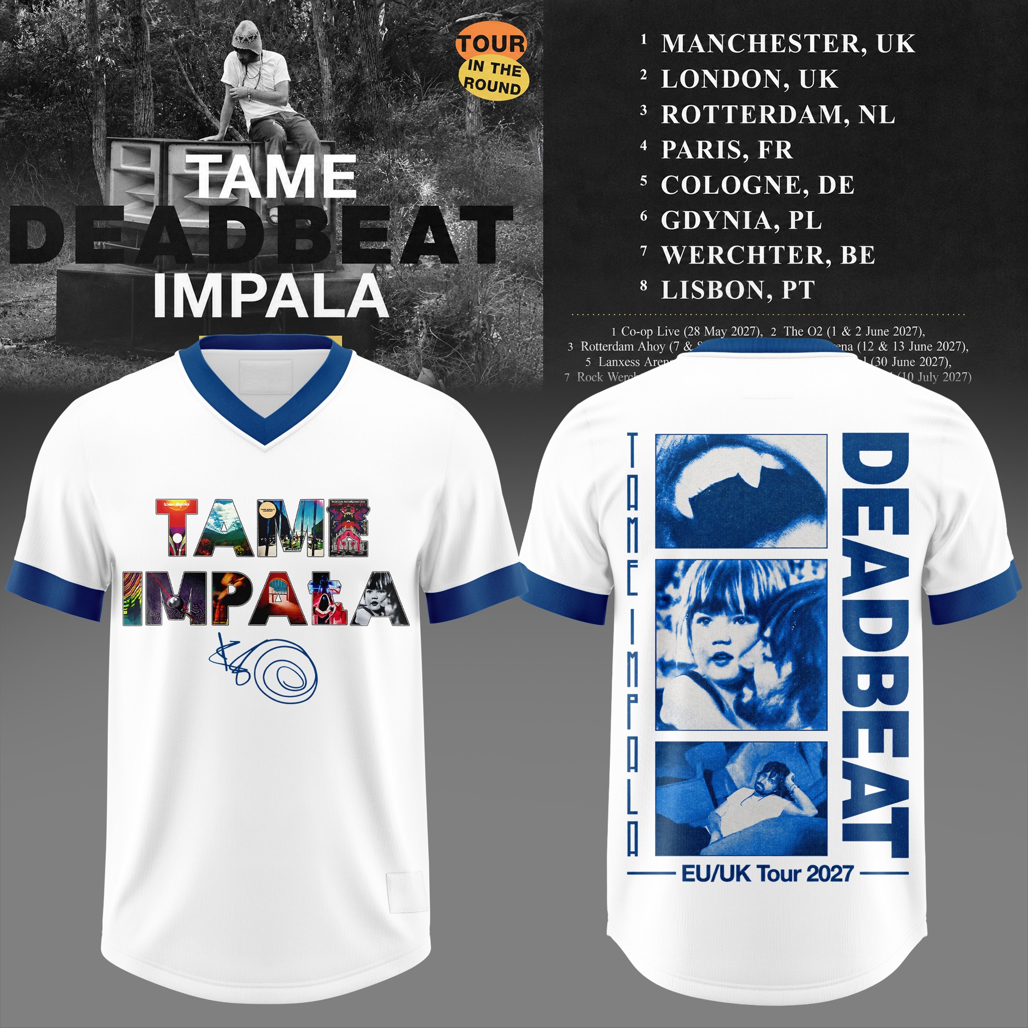Tame Impala Deadbeat EU UK Tour 2027 White Blue Graphic Football Jersey Fan Apparel 2 - Unicasport Tame Impala Deadbeat EU UK Tour 2027 White Blue Graphic Football Jersey Fan Apparel