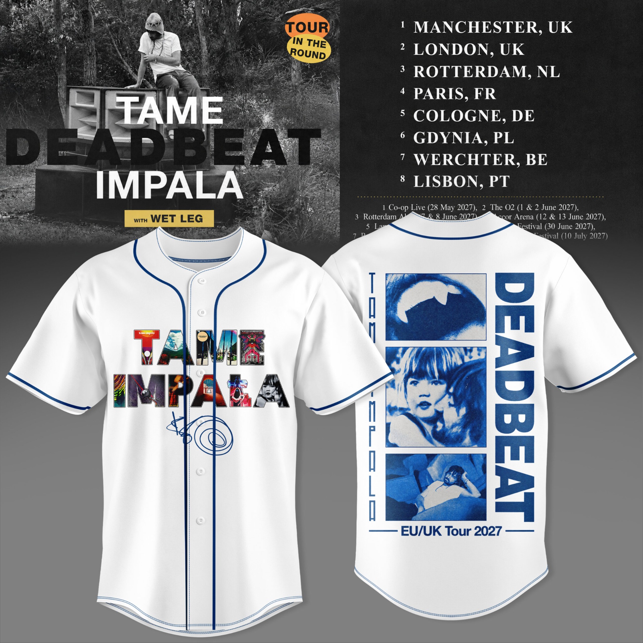 Tame Impala Deadbeat EU UK Tour 2027 White Graphic Baseball Jersey Music Fan Apparel 2 - Unicasport Tame Impala Deadbeat EU UK Tour 2027 White Graphic Baseball Jersey Music Fan Apparel