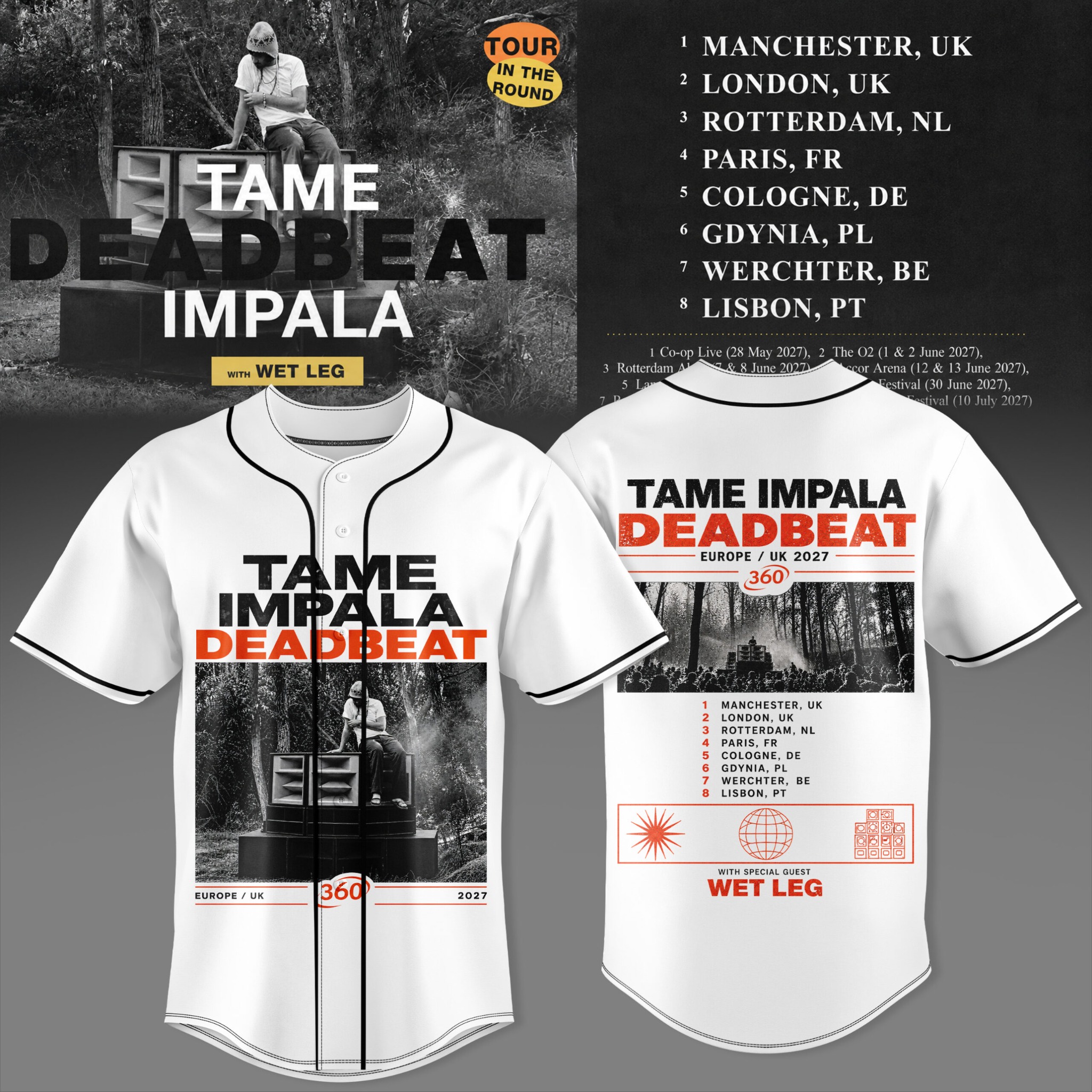 Tame Impala Deadbeat EU UK Tour 2027 White Photo Graphic Baseball Jersey Fan Apparel 1 - Unicasport Tame Impala Deadbeat EU UK Tour 2027 White Photo Graphic Baseball Jersey Fan Apparel