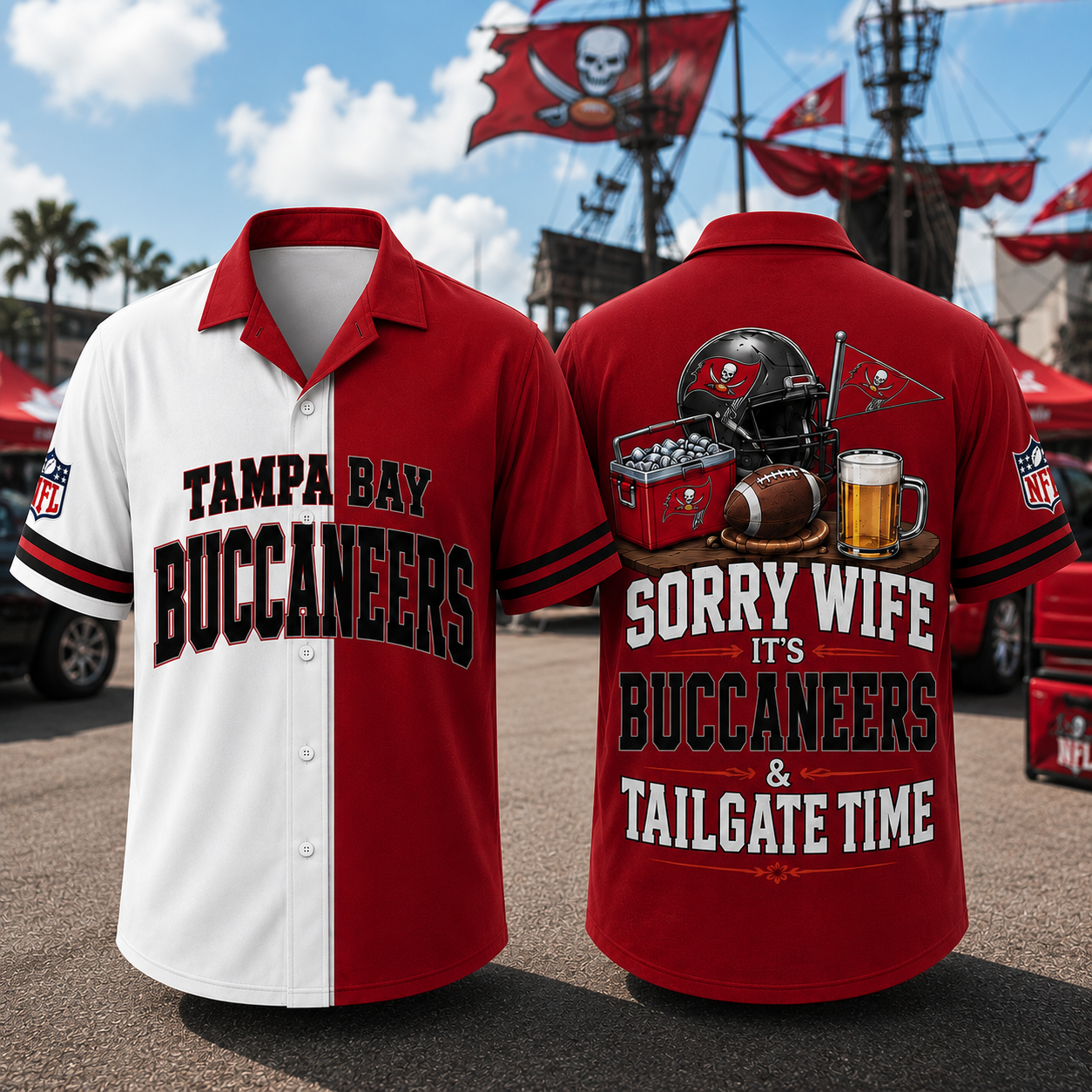 Tampa Bay Buccaneers Sorry Wife It's Buccaneers & Tailgate Time Baseball Jersey NFL Fan Gift Half White Half Red Button Up Shirt