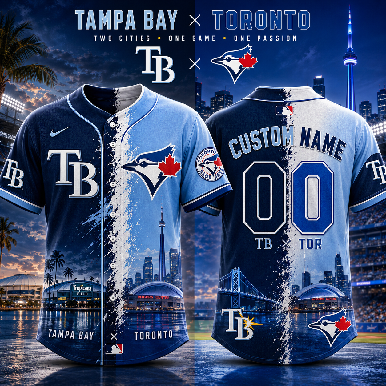 Tampa Bay Rays x Toronto Blue Jays Custom Name Number Baseball Jersey For Fans