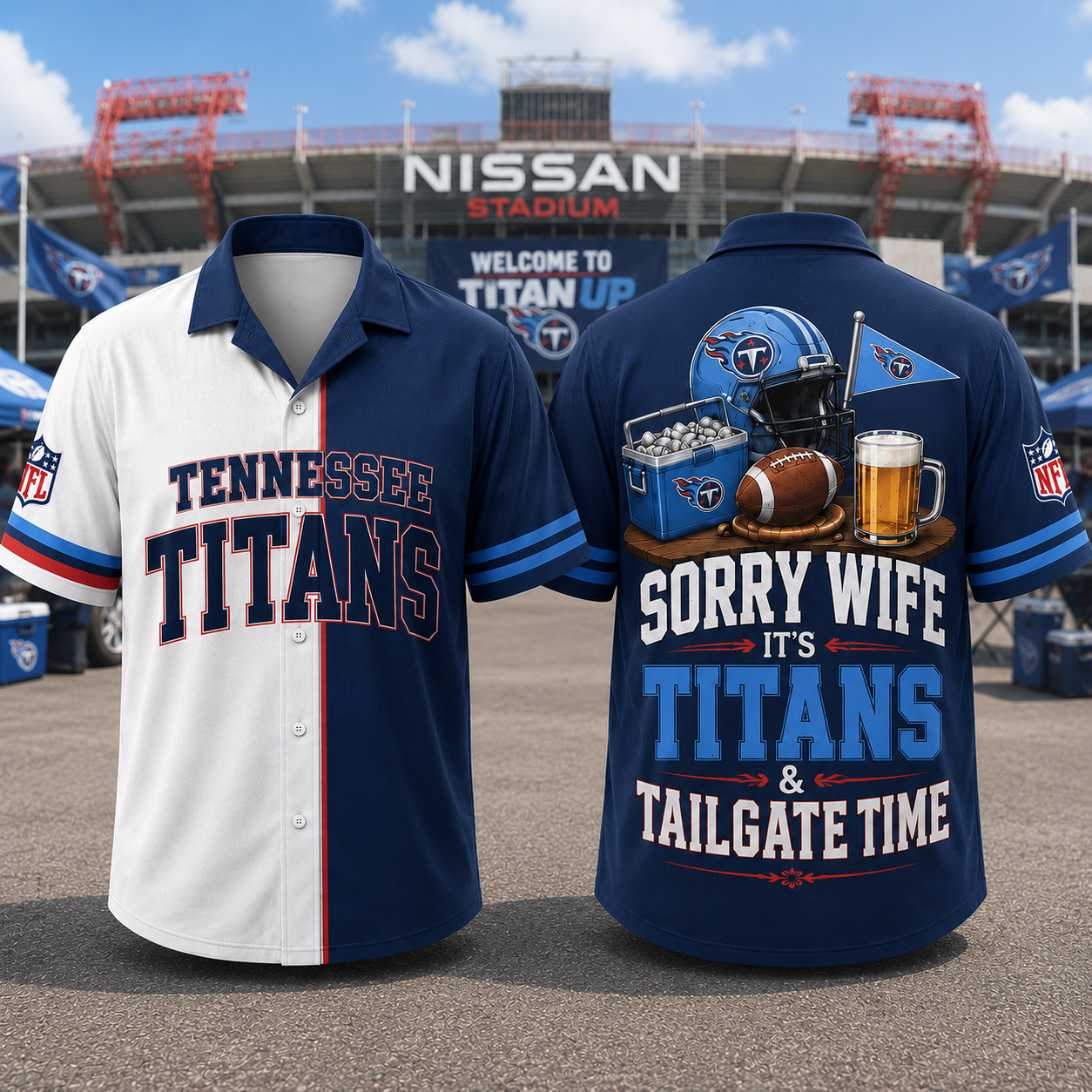 Tennessee Titans Sorry Wife It's Titans & Tailgate Time Baseball Jersey NFL Fan Gift Half White Half Navy Button Up Shirt