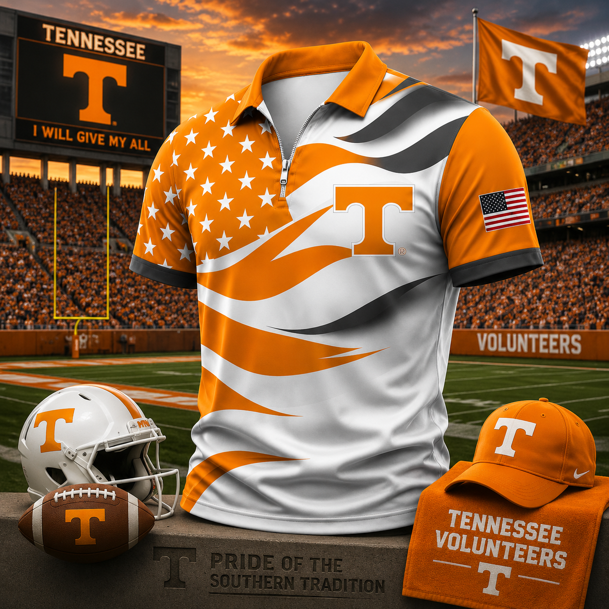 Tennessee Volunteers American Flag Style Football Polo Shirt College Fan Apparel