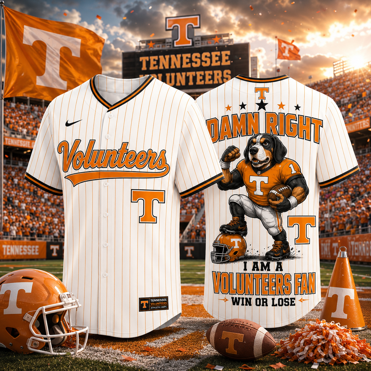 Tennessee Volunteers Damn Right I Am A Volunteers Fan Baseball Jersey White Pinstripe NCAA College Football Fan Gift Custom Name