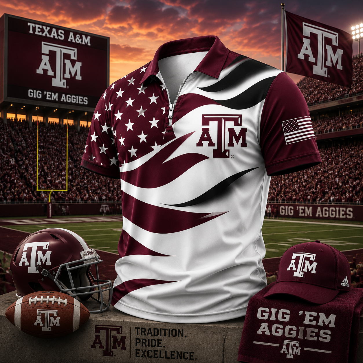 Texas A&M Aggies American Flag Style Football Polo Shirt College Game Day Outfit