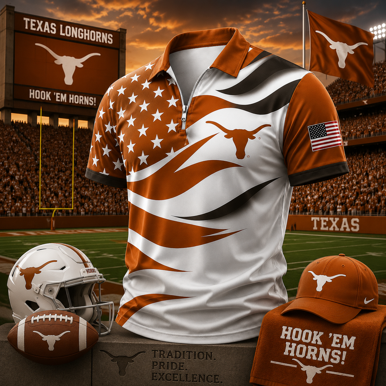 Texas Longhorns American Flag Style Football Polo Shirt College Sports Fan Apparel