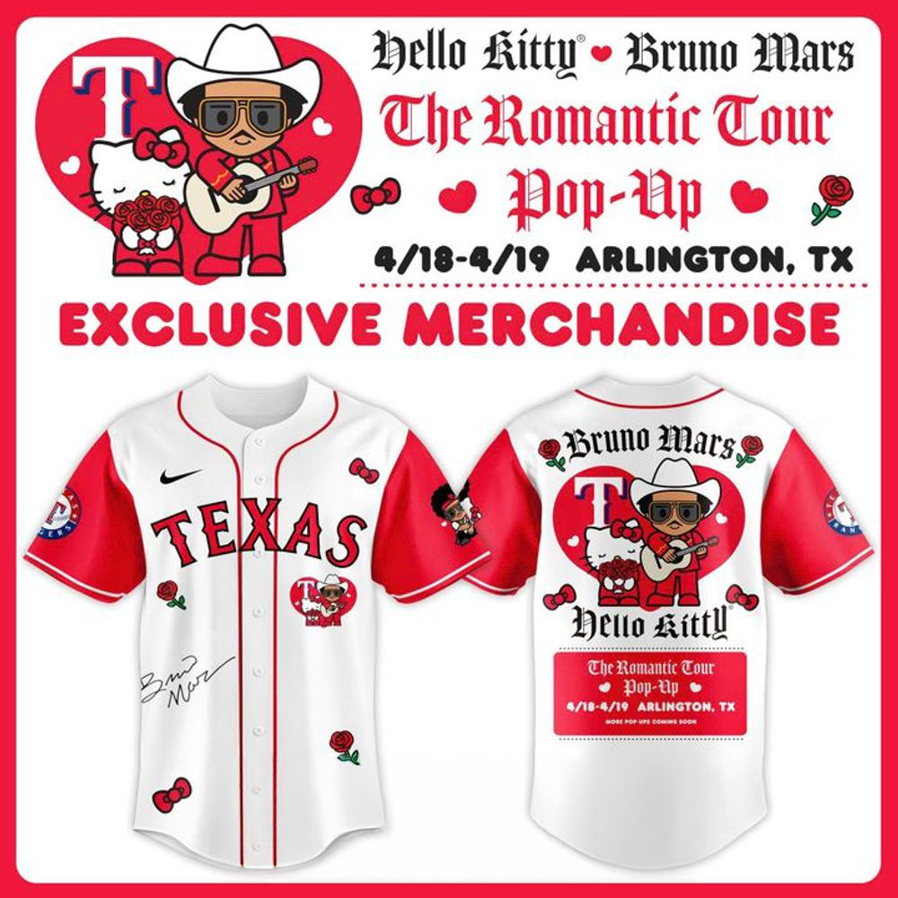 Texas Rangers Hello Kitty x Bruno Mars Romantic Tour Texas Baseball Jersey
