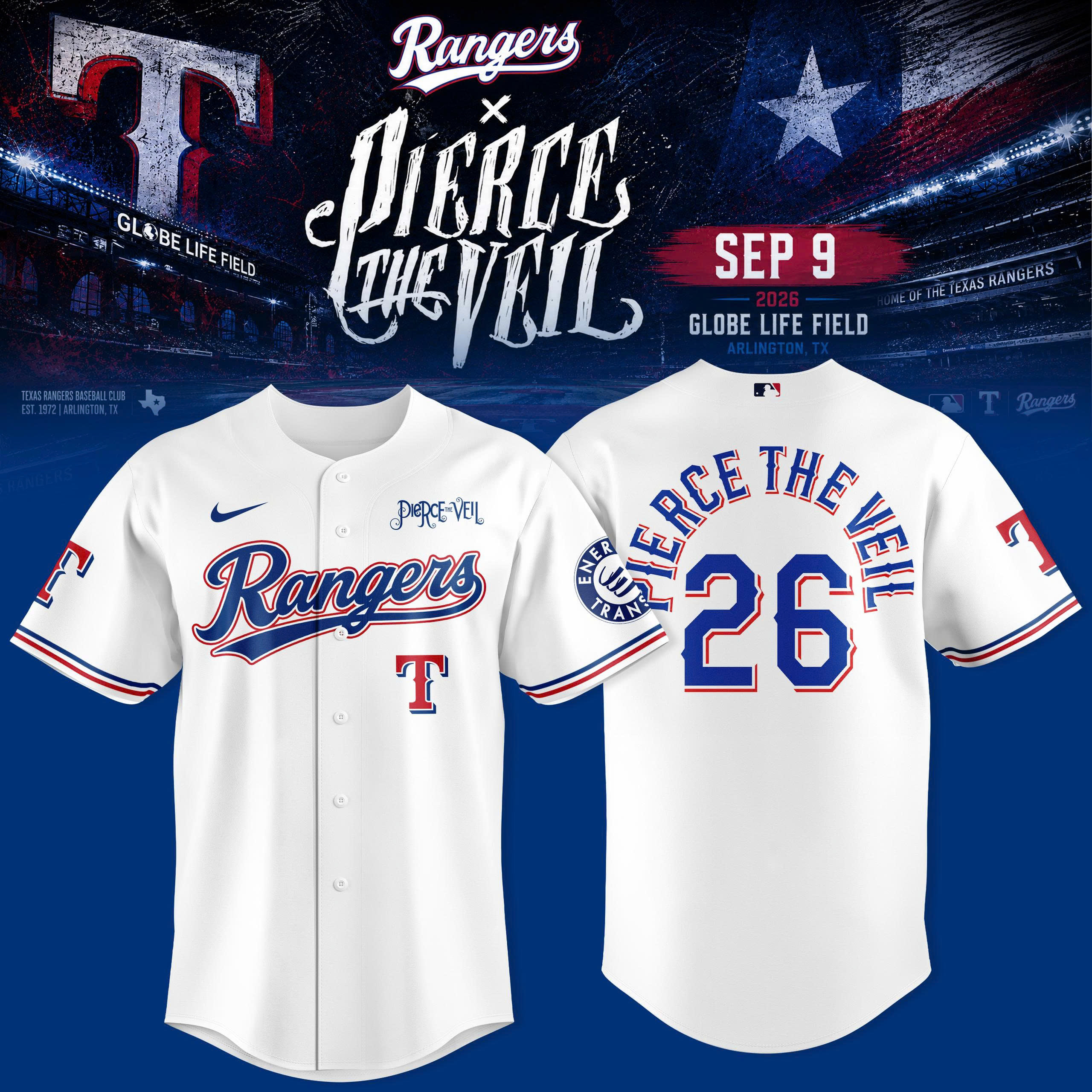 Texas Rangers Pierce The Veil Globe Life Field Baseball Jersey 3D Design 1 - Unicasport Texas Rangers Pierce The Veil Globe Life Field Baseball Jersey 3D Design