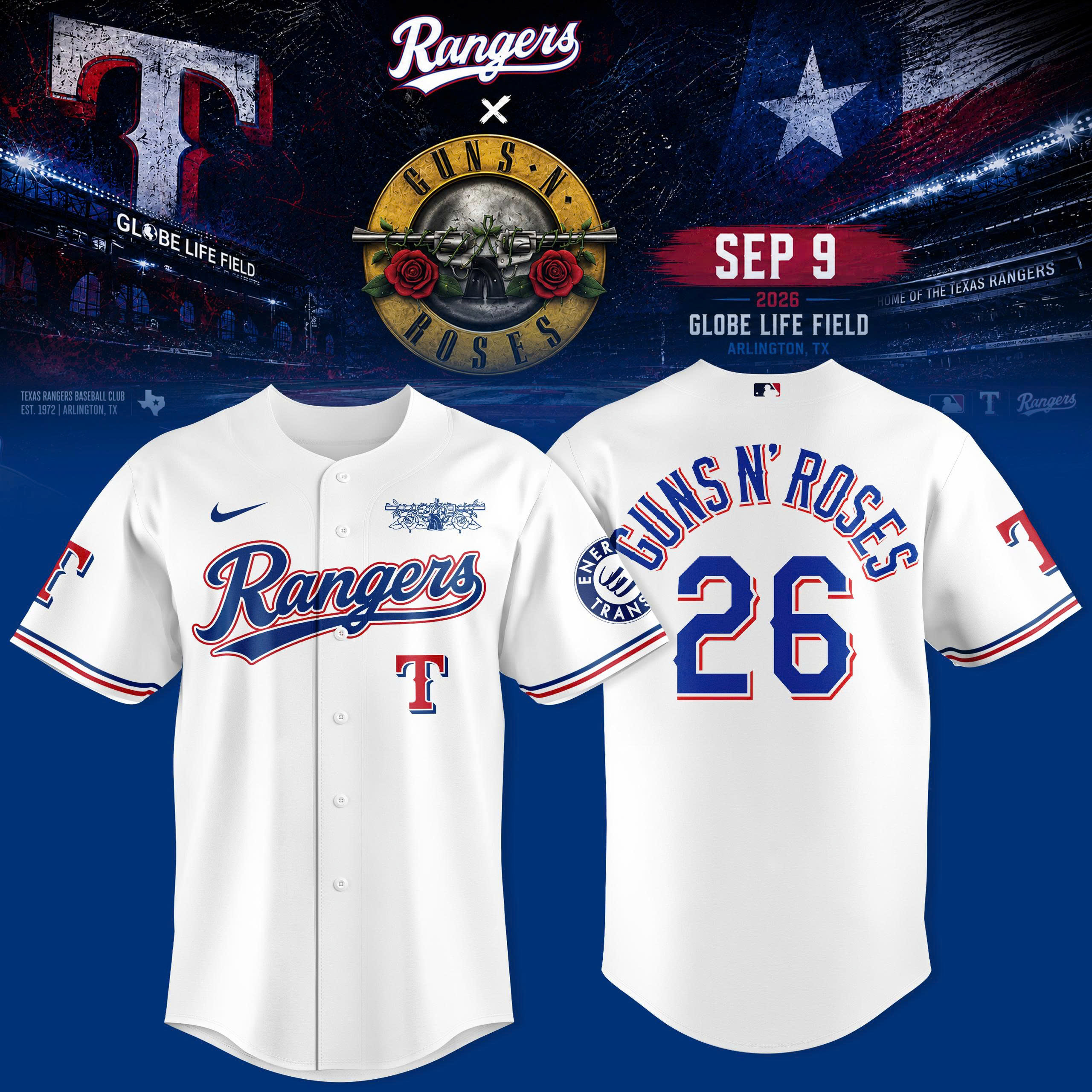 Texas Rangers x Guns N Roses Globe Life Field Baseball Jersey 3D All Over Print Concert Crossover Edition 2 - Unicasport Texas Rangers x Guns N Roses Globe Life Field Baseball Jersey 3D All Over Print Concert Crossover Edition