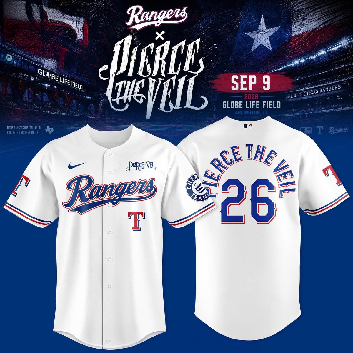 Texas Rangers x Pierce The Veil Globe Life Field 2026 Baseball Jersey Concert Crossover Edition 1 - Unicasport Texas Rangers x Pierce The Veil Globe Life Field 2026 Baseball Jersey Concert Crossover Edition