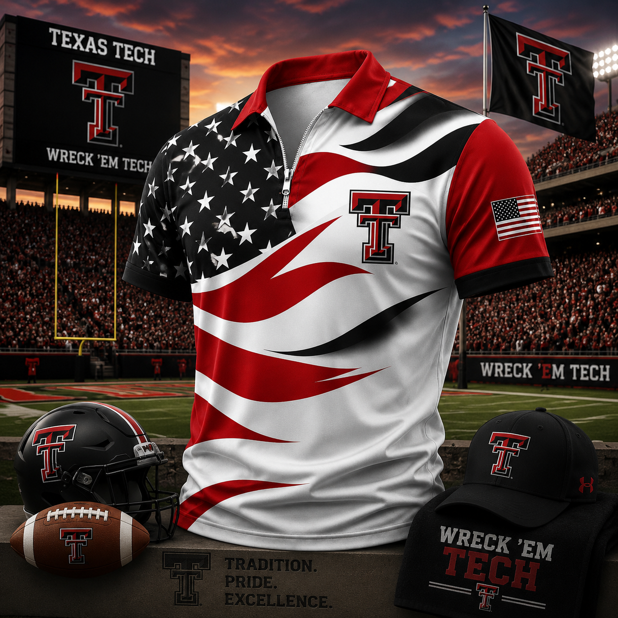 Texas Tech Red Raiders American Flag Style Football Polo Shirt Game Day Fan Gear