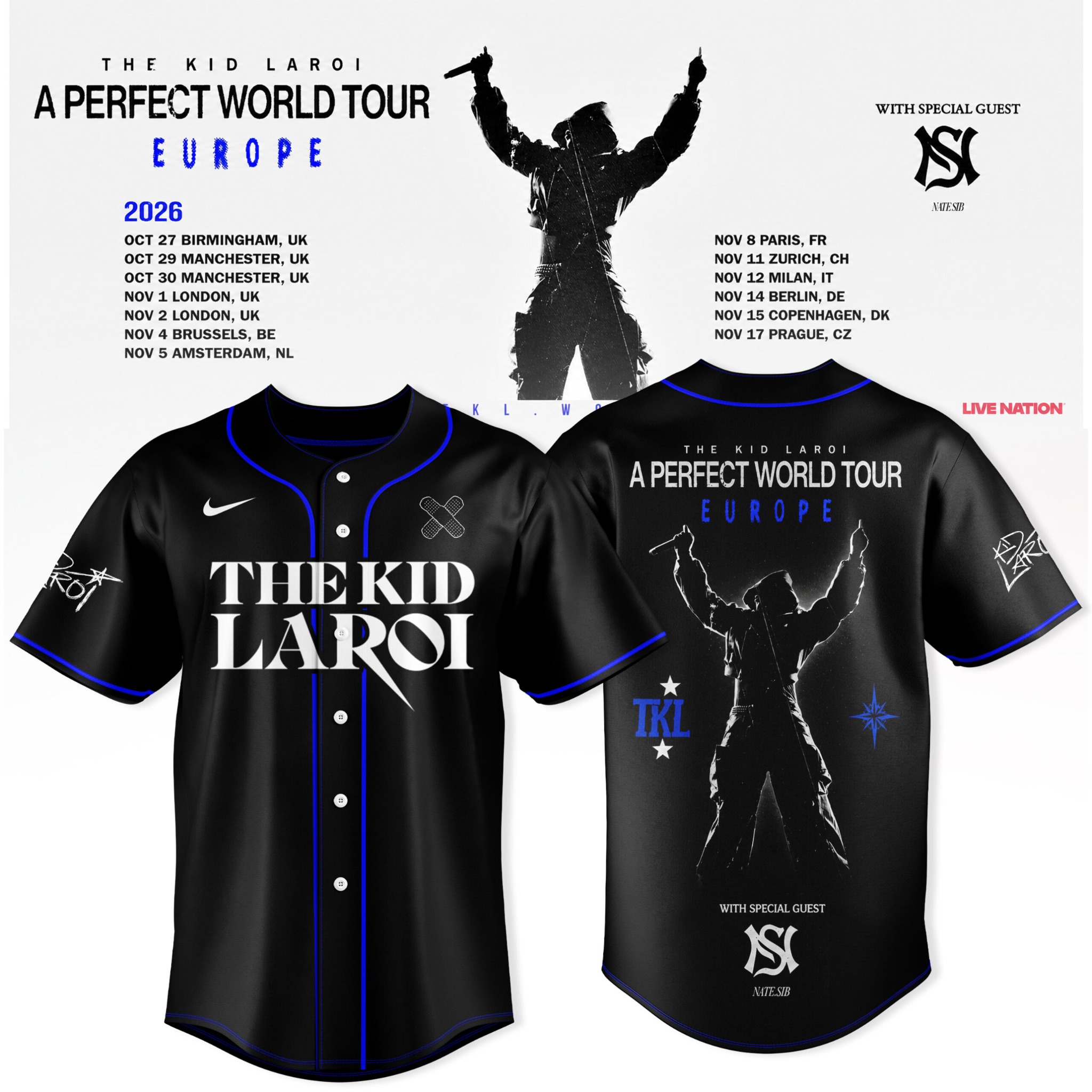 The Kid Laroi A Perfect World Tour Europe 2026 Black Blue Baseball Jersey Music Fan Apparel 1 - Unicasport The Kid Laroi A Perfect World Tour Europe 2026 Black Blue Baseball Jersey Music Fan Apparel
