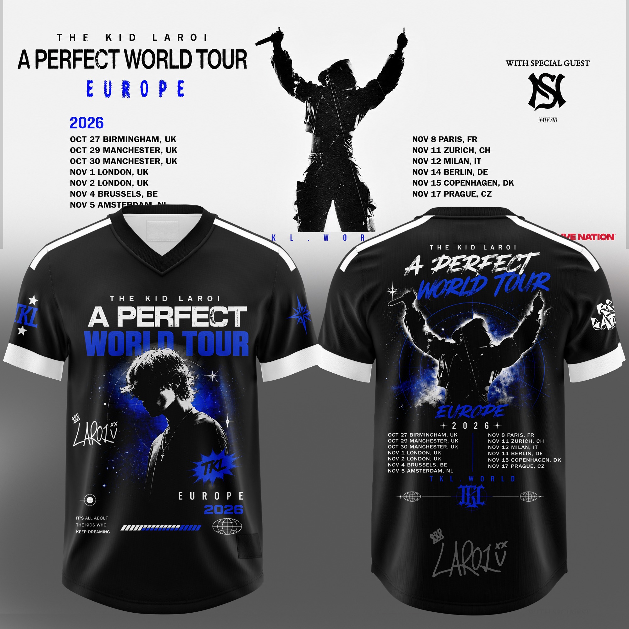The Kid Laroi A Perfect World Tour Europe 2026 Black Blue Graphic Football Jersey Fan Apparel 1 - Unicasport The Kid Laroi A Perfect World Tour Europe 2026 Black Blue Graphic Football Jersey Fan Apparel