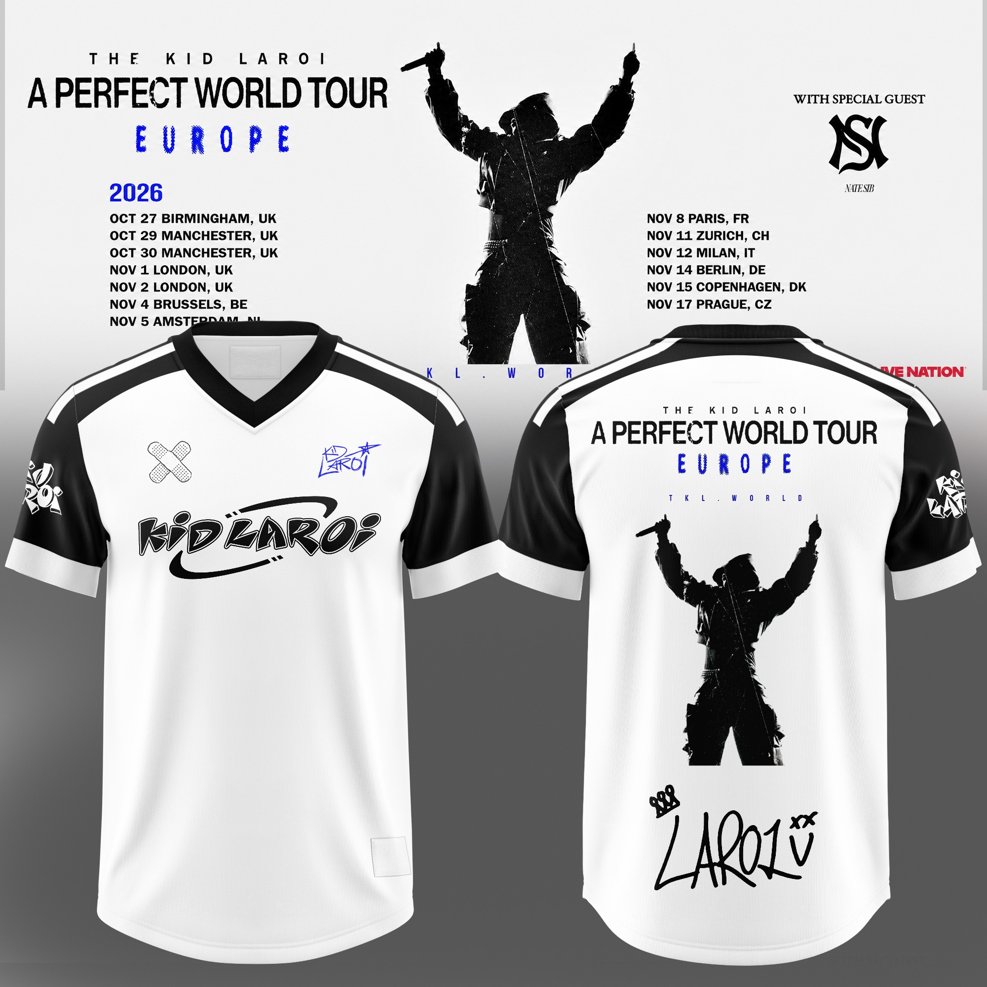 The Kid Laroi A Perfect World Tour Europe 2026 White Black Football Jersey Fan Apparel 2 - Unicasport The Kid Laroi A Perfect World Tour Europe 2026 White Black Football Jersey Fan Apparel
