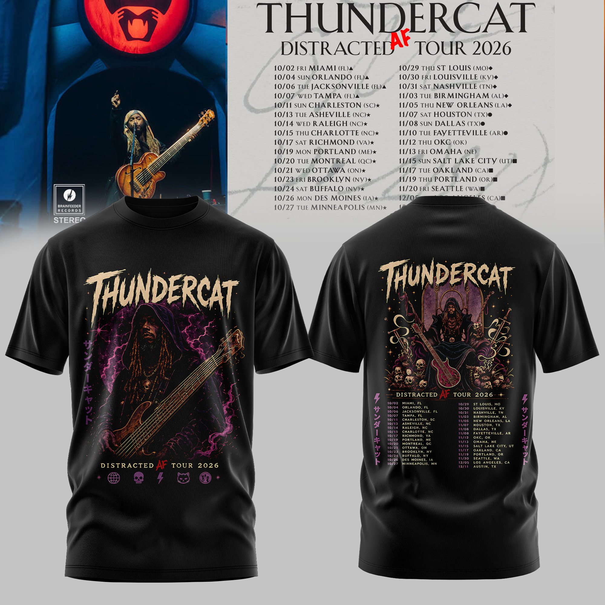Thundercat Distracted AF Tour 2026 Collection Limited Edition Graphic T Shirt