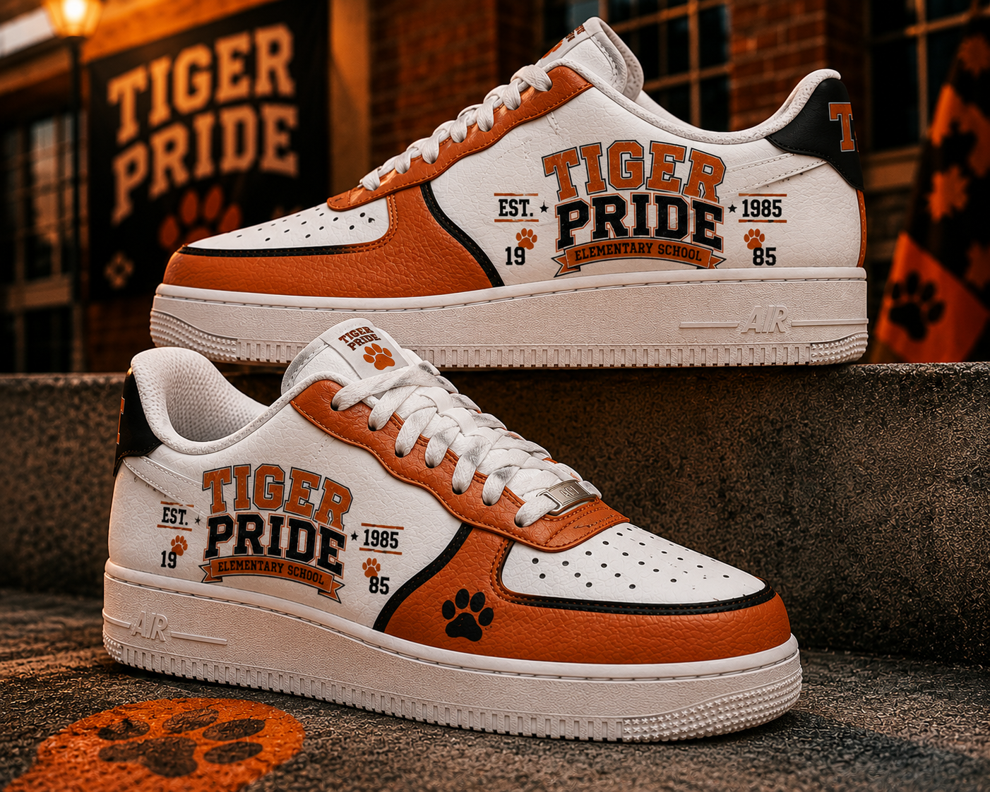 Tiger Pride Elementary School Mascot Baseball Shoes Custom Orange White School Spirit Sneakers