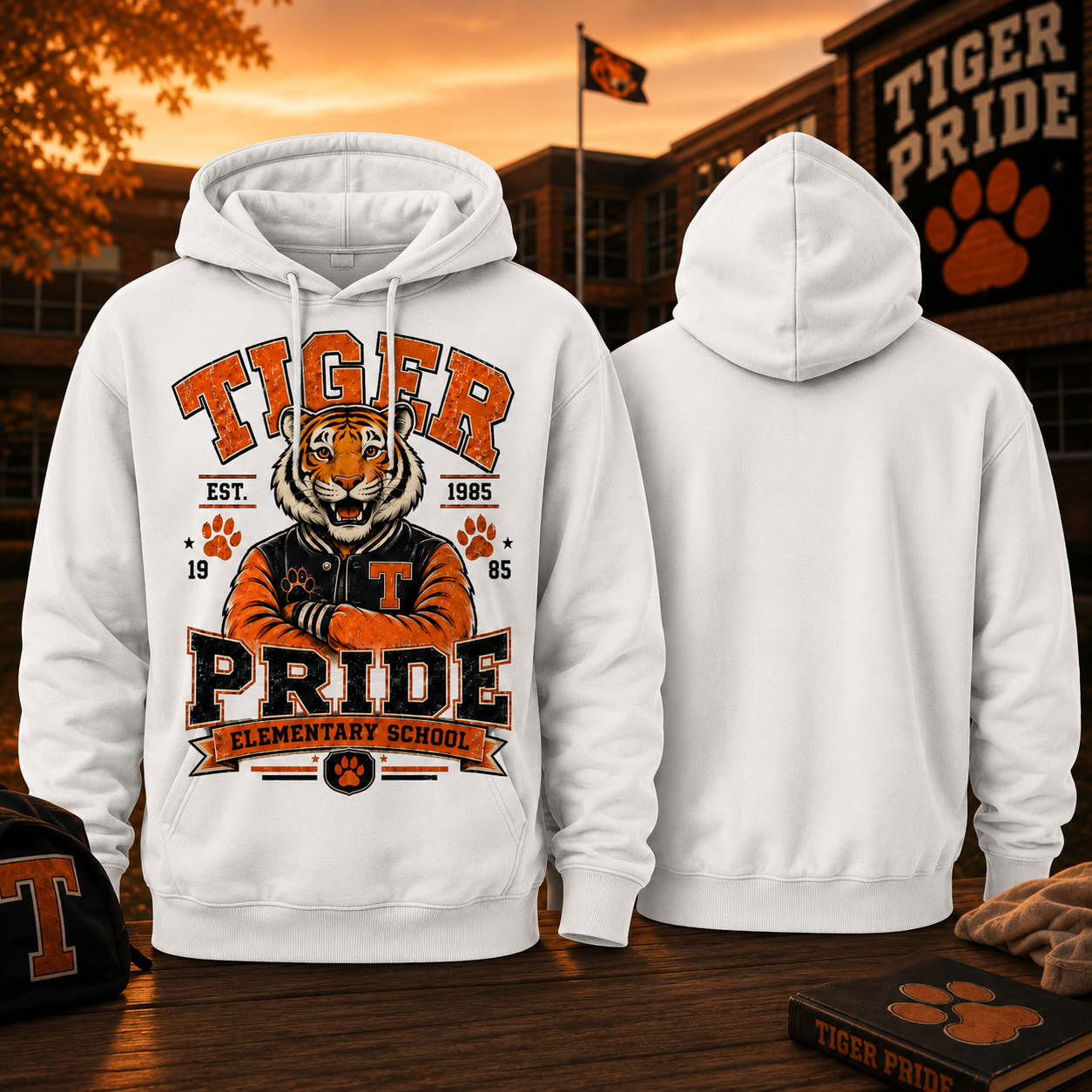 Tiger Pride Elementary School Mascot Graphic Hoodie Vintage Varsity Spirit Tee Unisex