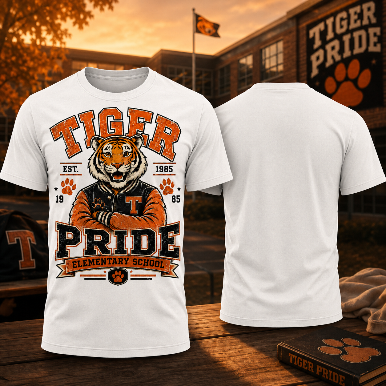Tiger Pride Elementary School Mascot Graphic T-Shirt Vintage Varsity Spirit Tee Unisex