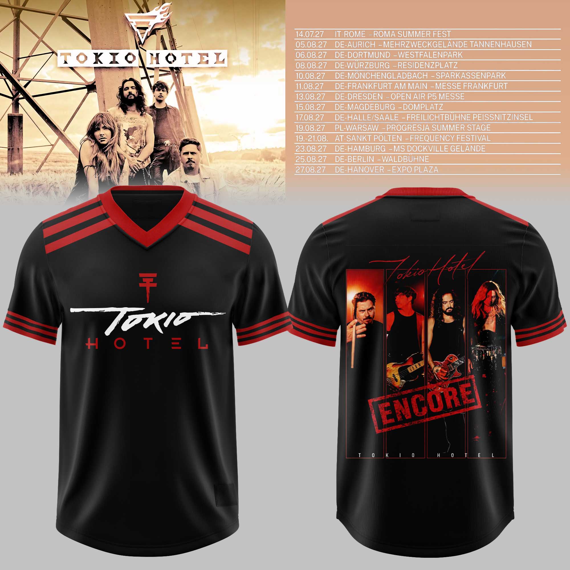 Tokio Hotel Summer Encore Tour 2027 Graphic Jersey Black Red Band Photo Music Apparel 2 - Unicasport Tokio Hotel Summer Encore Tour 2027 Graphic Jersey Black Red Band Photo Music Apparel