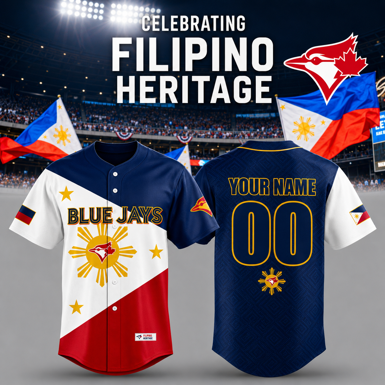 Toronto Blue Jays Filipino Heritage Night Custom Name Baseball Jersey, Philippine Flag Blue Jays Fan Jersey Personalized with Name and Number 00