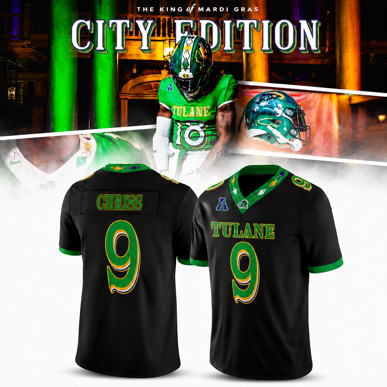 Tulane Green Wave King of Mardi Gras 2026 City Edition Black #9 Chriss Football Vapor Jersey 1 - Unicasport Tulane Green Wave King of Mardi Gras 2026 City Edition Black #9 Chriss Football Vapor Jersey