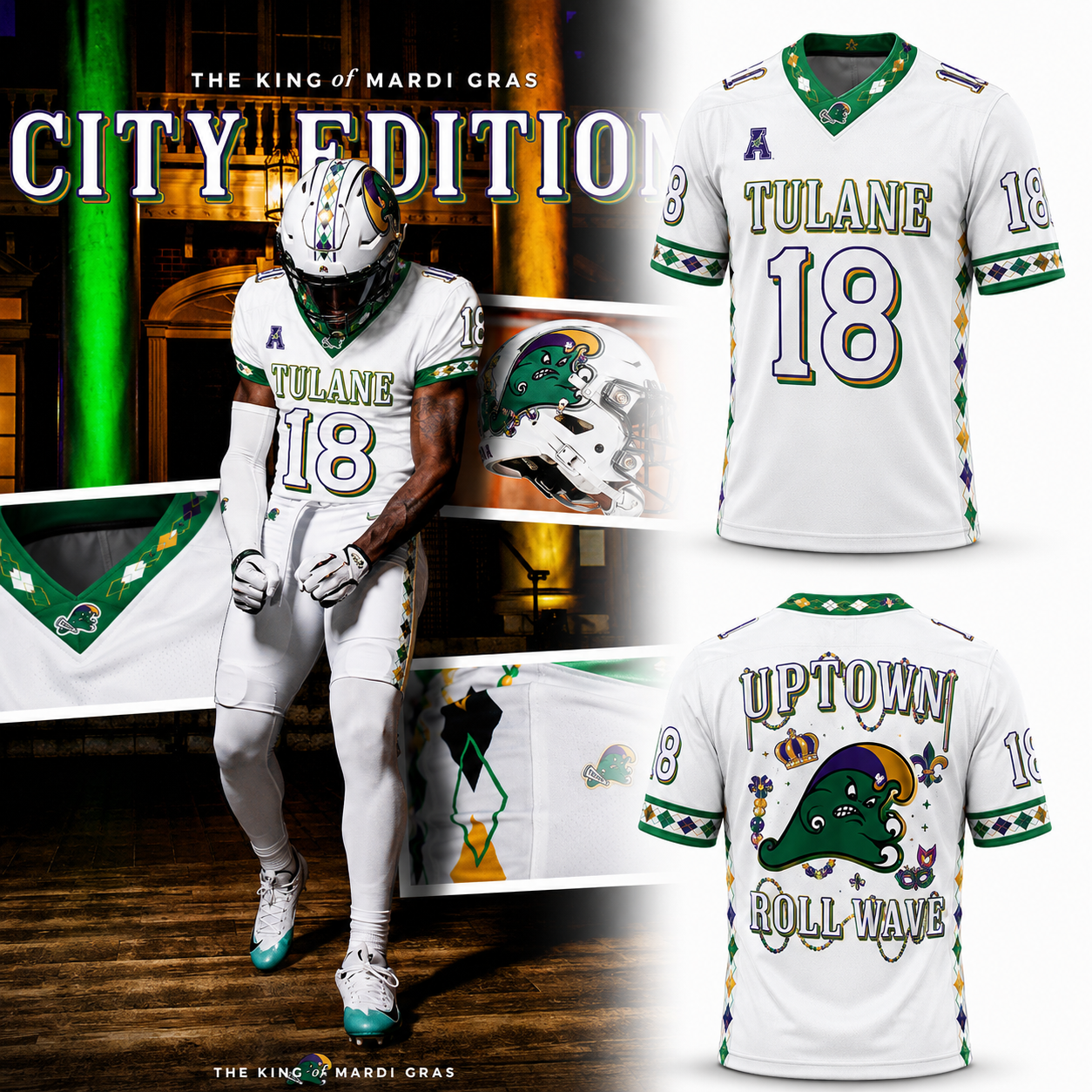 Tulane Green Wave King of Mardi Gras 2026 City Edition White #18 Uptown Roll Wave Football Vapor Jersey 1 - Unicasport Tulane Green Wave King of Mardi Gras 2026 City Edition White #18 Uptown Roll Wave Football Vapor Jersey